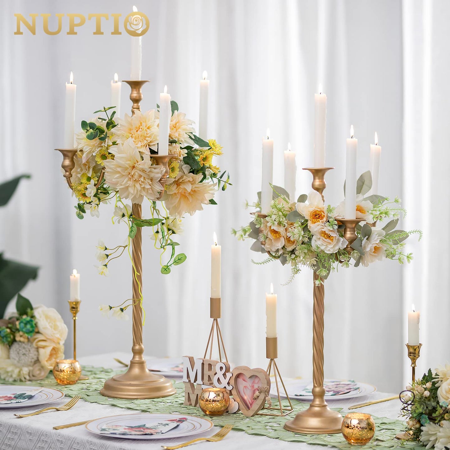 Nuptio Tall Candelabra Candle Holder 2 Pcs 28in Floor Candlestick Holders Taper Candle Holders Gold 5 Arm Candelabras Candle Stand Floral Centerpiece for Fireplace Wedding Birthday Reception Event