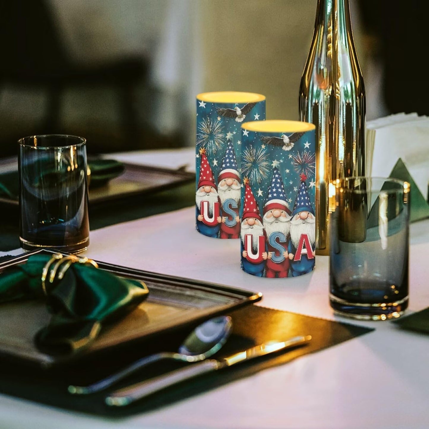 NETILGEN USA Flag Cute Gnome Print 2 Pcs Flameless Candles Battery Powered LED Pillar Candles with Timer Remote 4th of July Patriotic Independence Day Decor