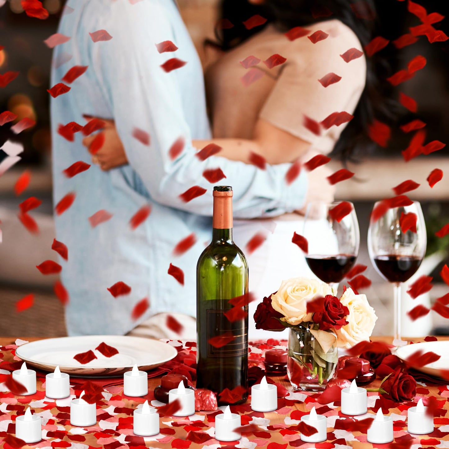 Coume 6000 Pcs Artificial Rose Petals with 72 Pcs Flameless LED Candles Romantic Decorations Fake Candles Anniversary Decorations for Valentine's Day Wedding Night(White with Red Series Petal)