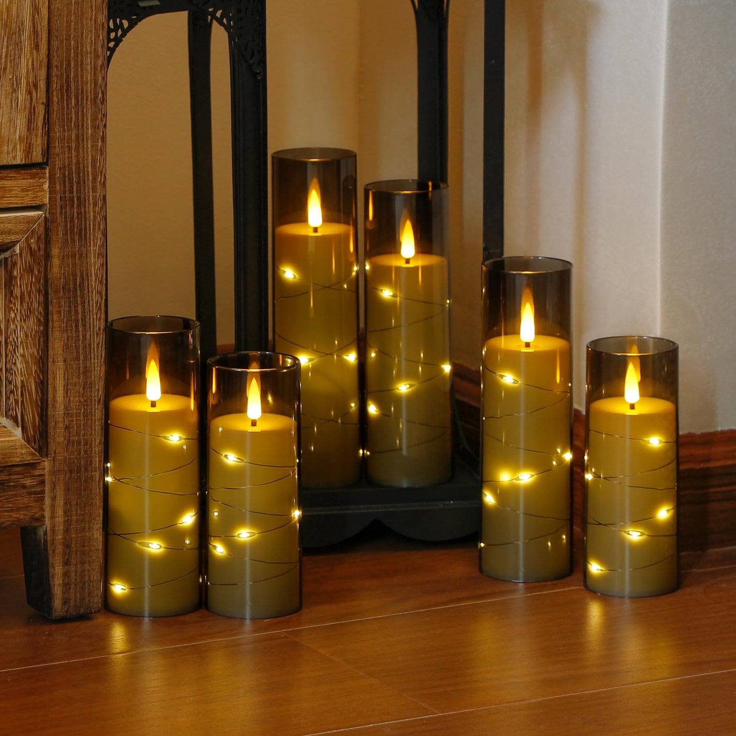 Yeelida Grey Flameless Candles with Remote and String Light, 2.2"x 5",5",6",7",7",8" LED Battery Operated Plastic Flickering Timer Pillar(Pack of 6,Turn On/Off String Light Mode)