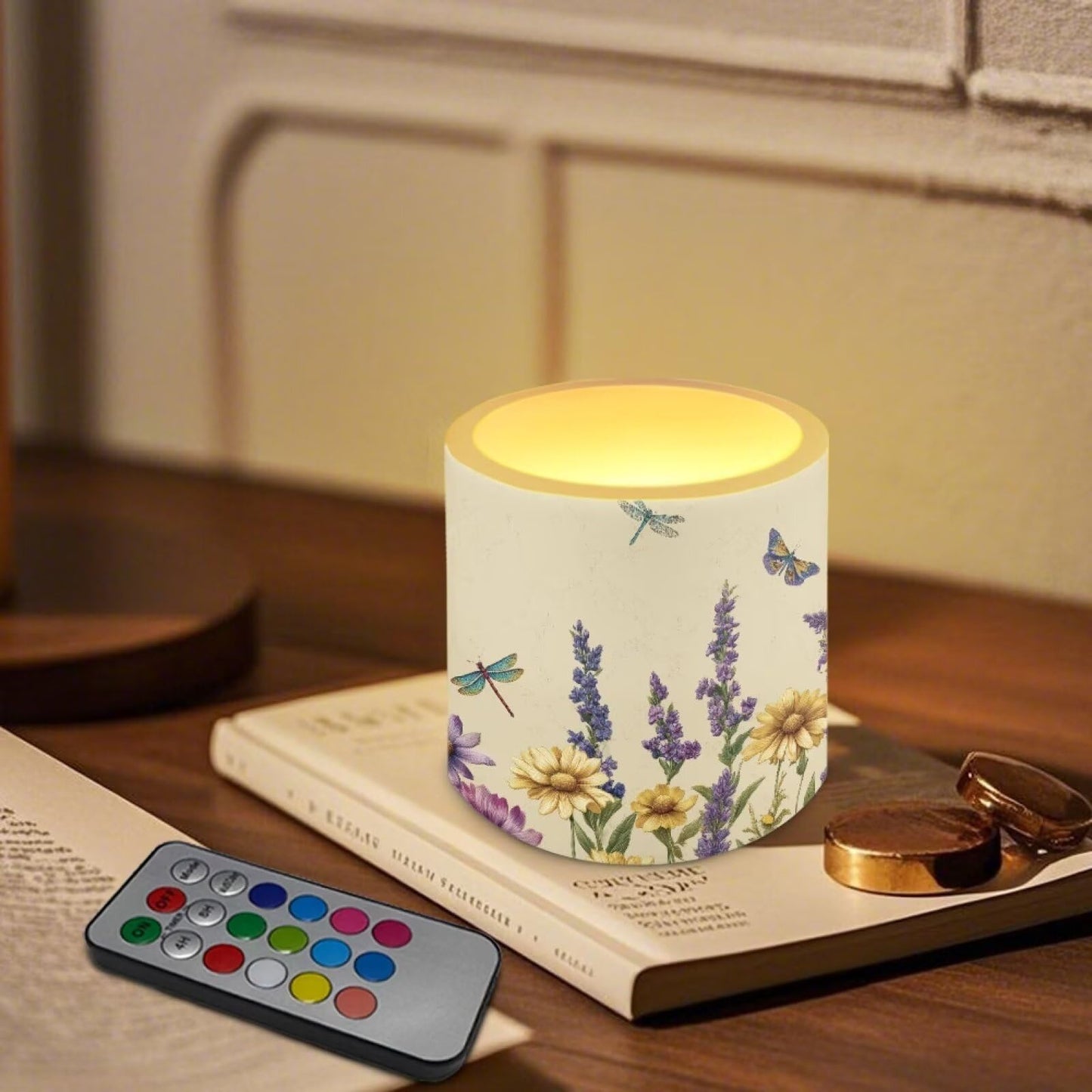 Cozeyat Lavender Dragonfly Advanced LED Flickering Candles Set of 4 Battery Operated Flameless with Remote Timer Waterproof for Indoor Outdoor Table Long Lasting