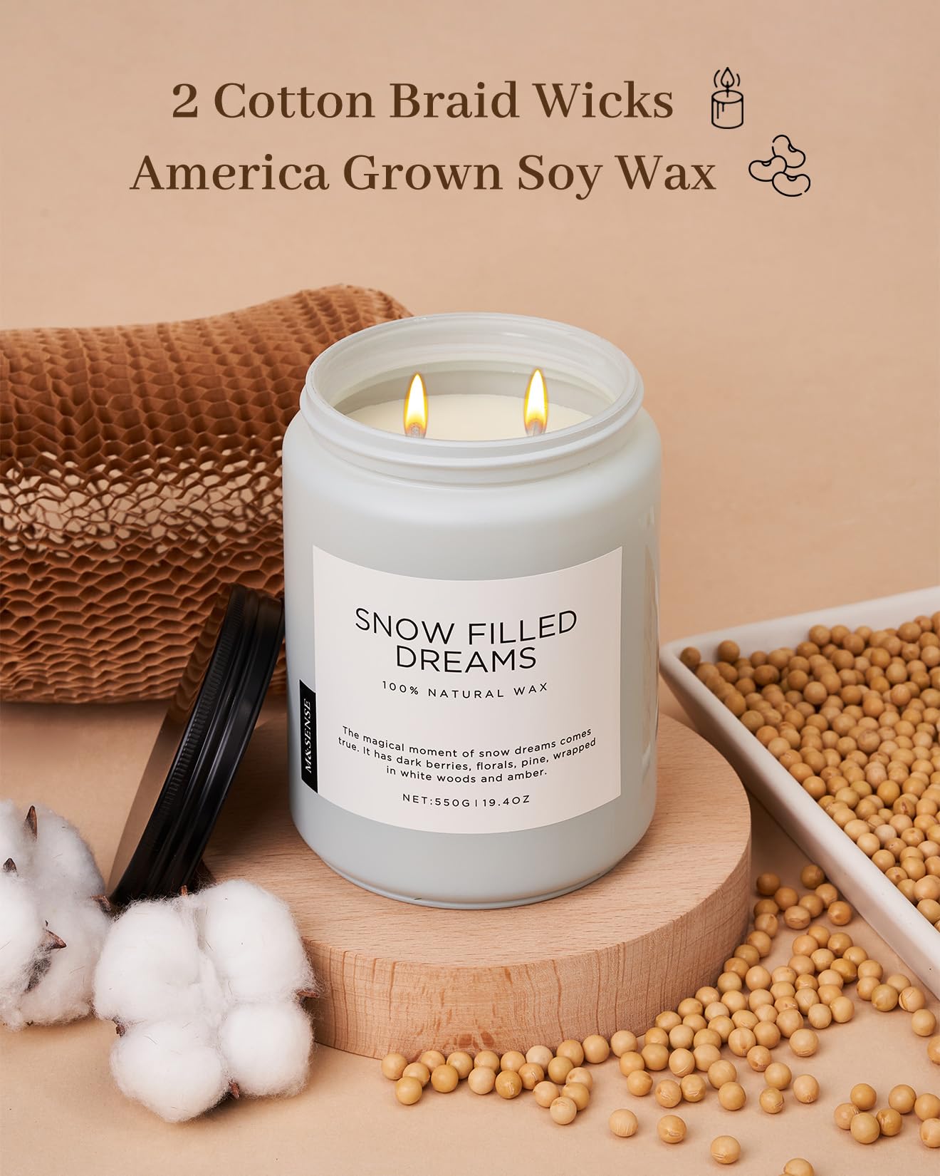 M&SENSE Snow Filled Dreams Winter Large Scented Candles, 19.4oz 110 Hour Clean Non Toxic Long Lasting Candle Organic Natural Soy Wax Candle Gifts for Women Men