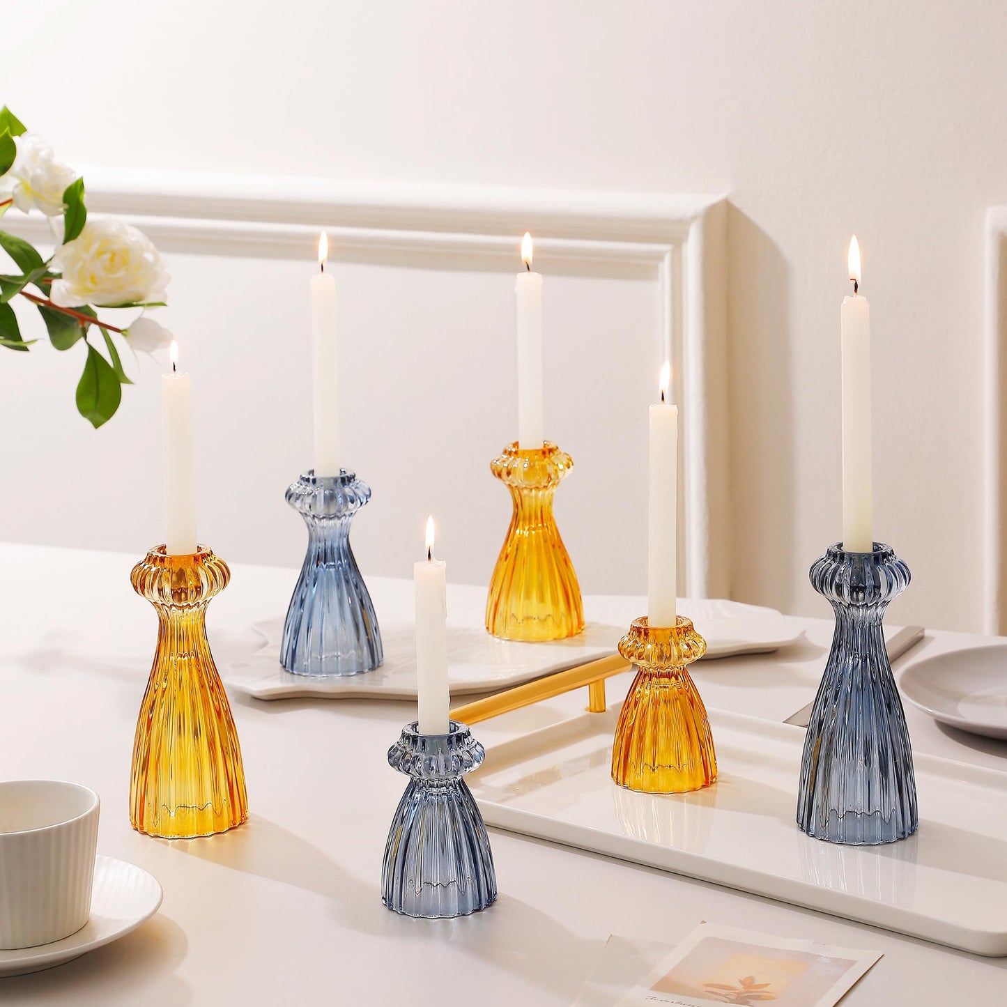 Lysenn Glass Candle Stick Holder Set of 3 – Premium Taper Candle Holders for Romantic Ambiance - Candle Sticks Holder Decor for Special Occasions - Amber