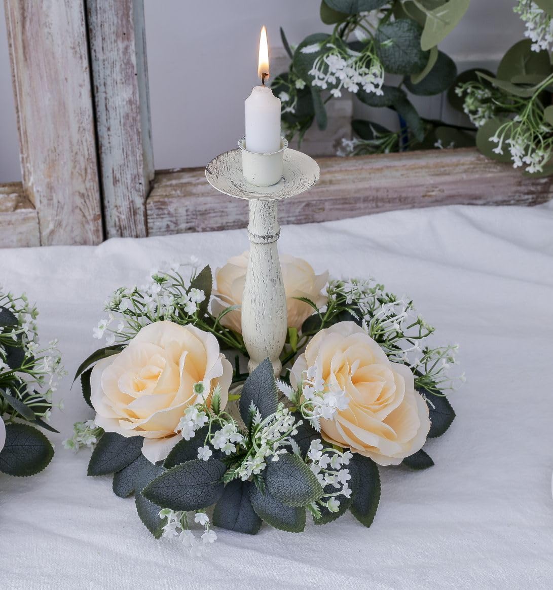 2 Pack Artificial Rose Candle Rings, Christmas Floral Wreaths with Eucalyptus Leaves Mini Wreaths Candle Rings for Pillar Candle Lantern Wedding Centerpiece Party Home Fall Table Decor (Champagne)