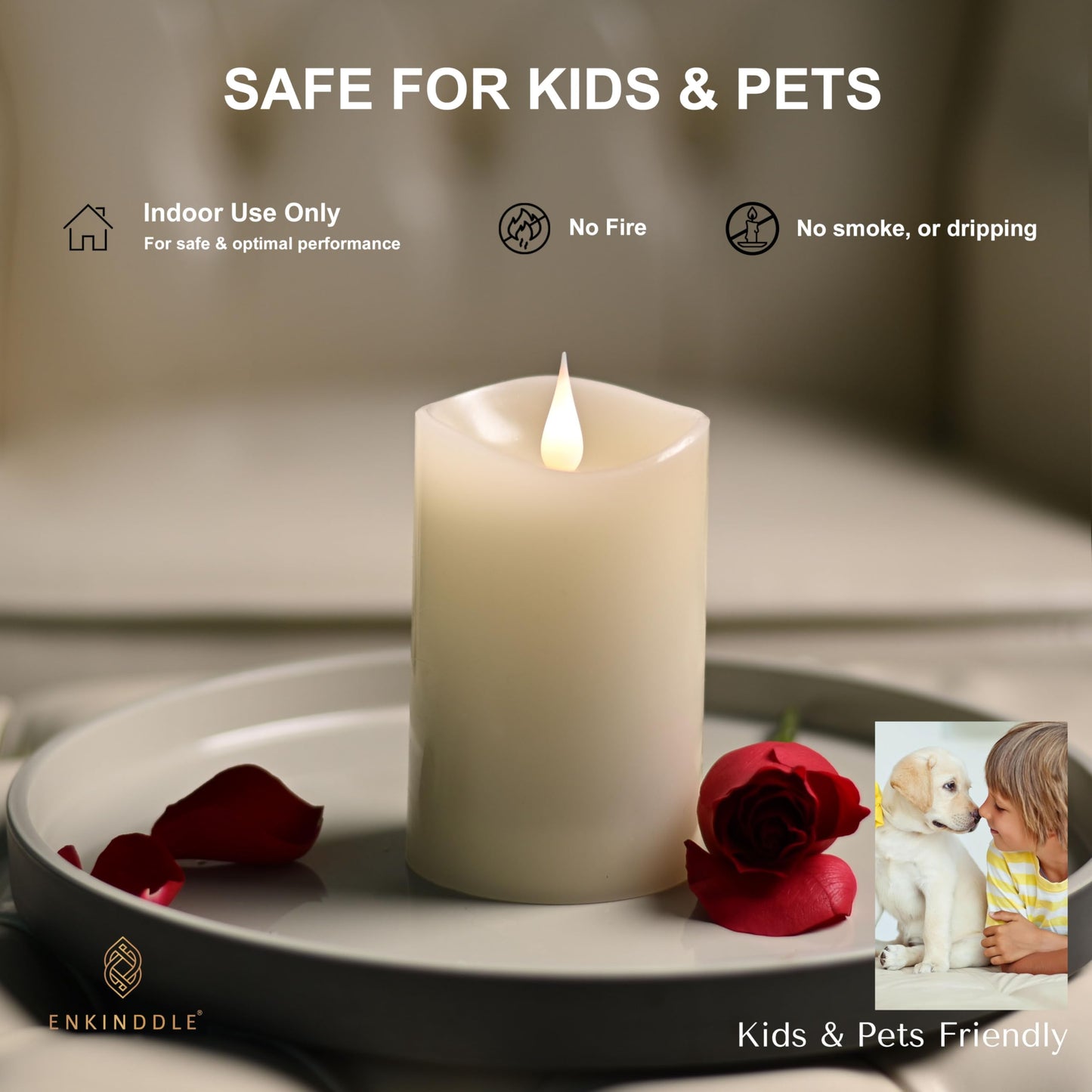 ENKINDDLE Flameless Candles with Timer, 3D Moving Flame LED Pillar Candle, Real Wax Flickering Candle, Battery Operated, Ivory 3"x5" for Table Centerpiece & Home Décor