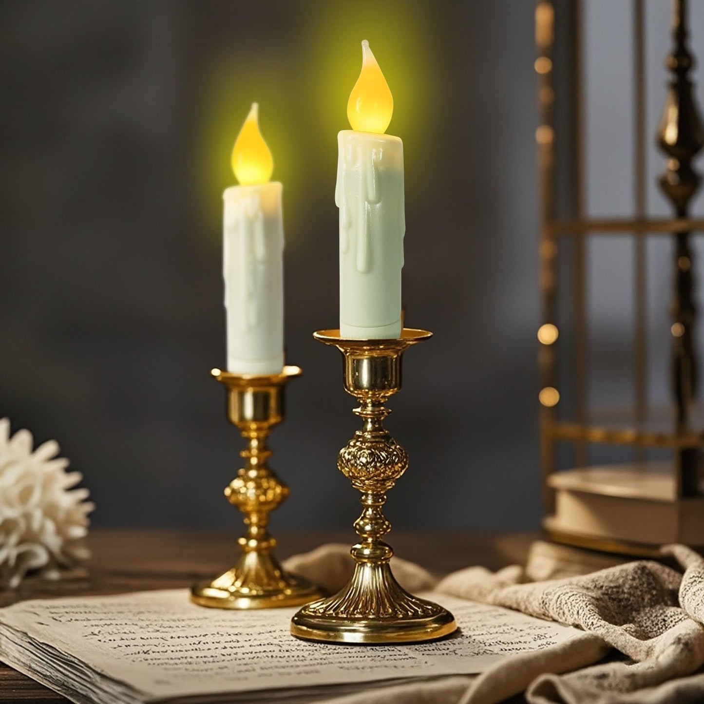 Short Taper Candles Battery Operated with Timer Real Wax Hand Dripped Flameless Taper Candles,4 Inch Ivory LED Candlesticks Flickering Country Primitive Christmas Halloween Decorations,Set of 3 PCS