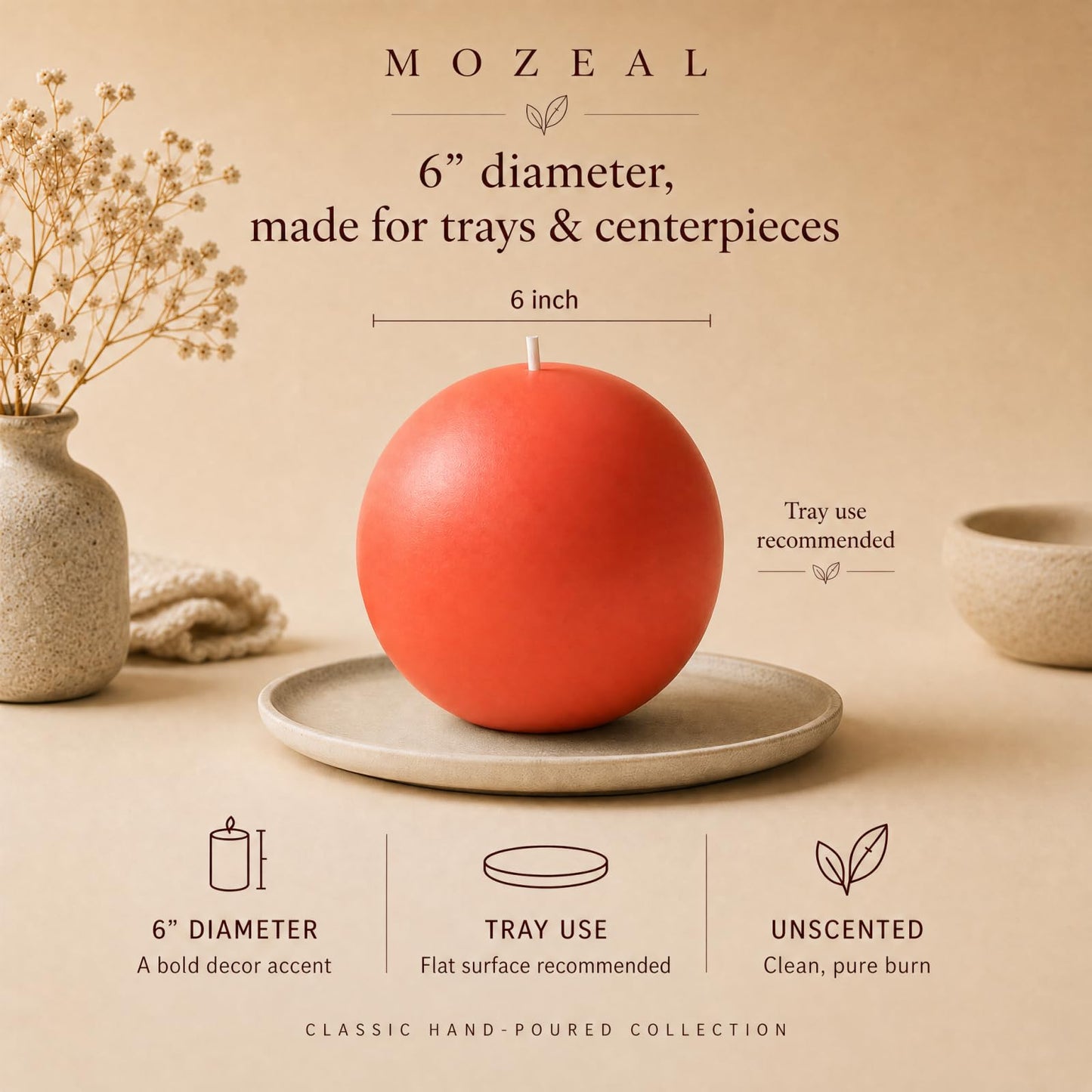 MOZEAL Hand-Poured, 6 Inch Living Coral Large Round Ball Candles - Elegant Living Coral Round Pillar Candles, Dripless, Unscented, Smokeless, Ideal for Summer Parties.