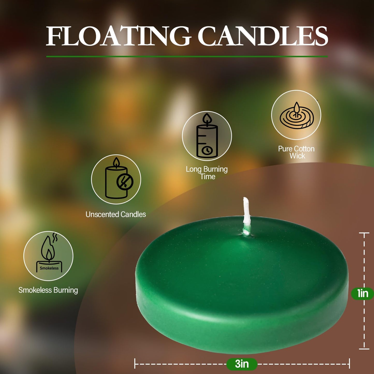 3 inch Floating Candles 36 Packs Green Floating Candle for Centerpieces 8-9 Hours Floating Candles 3” Water Candles for Cylinder Vases, Pool, Wedding, Christmas