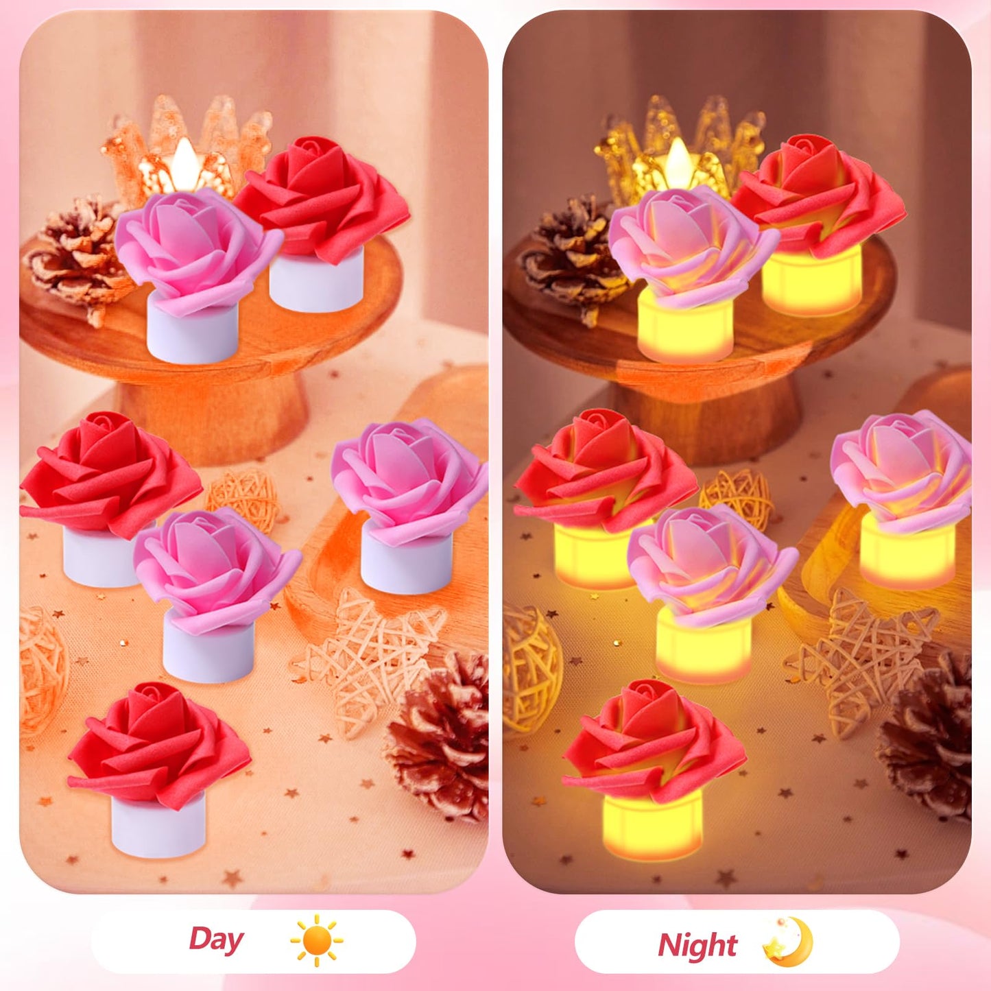 YBB 24 Pack Artificial Rose Tea Light, Valentine's Day Rose Petals Flameless LED Candle Lights for Romantic Night Anniversary Wedding Party Decor