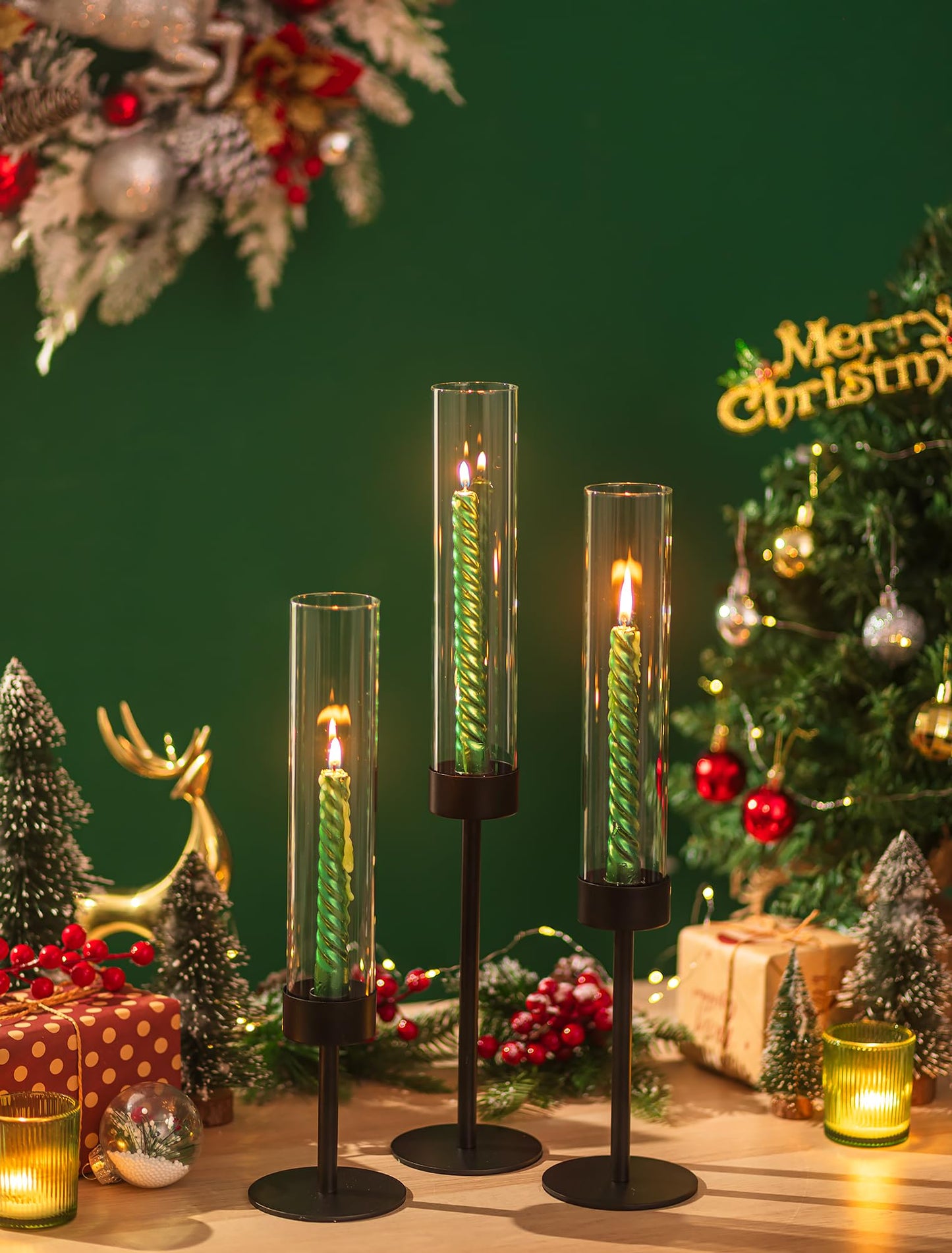 Romadedi Black Candlestick Holders Hurricane - Metal Taper Candle Holder Tall Windproof Glass Cylinder for Indoor Outdoor Table Centerpiece Christmas Halloween Modern Home Decor Set of 3