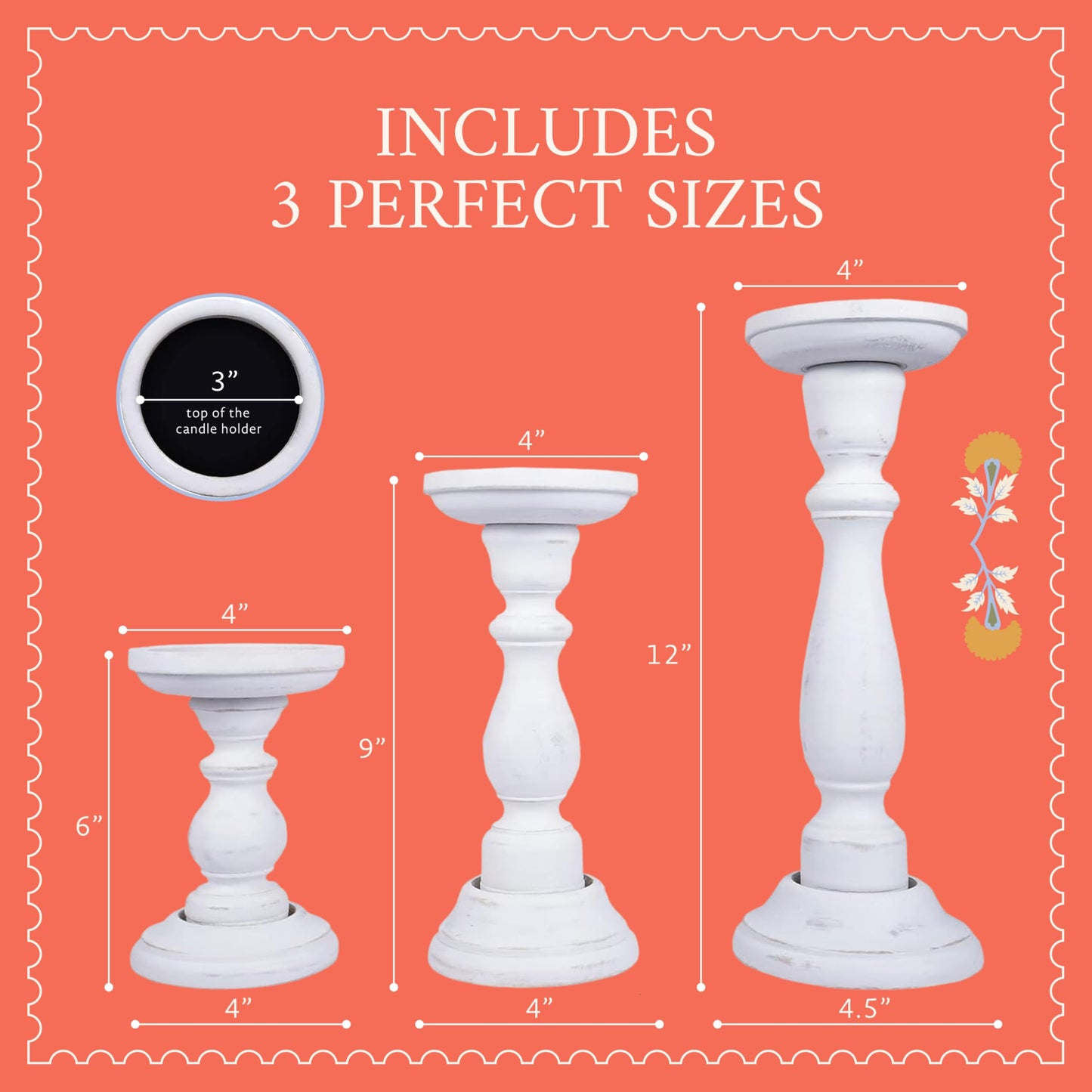 Mela Artisans 6”, 9” & 12” Mango Wood Pillar Candle Holder Set of 3 – Tuli Design Shabby Matte White – Wooden Candle Holders for Table, Mantel & Living Room Décor