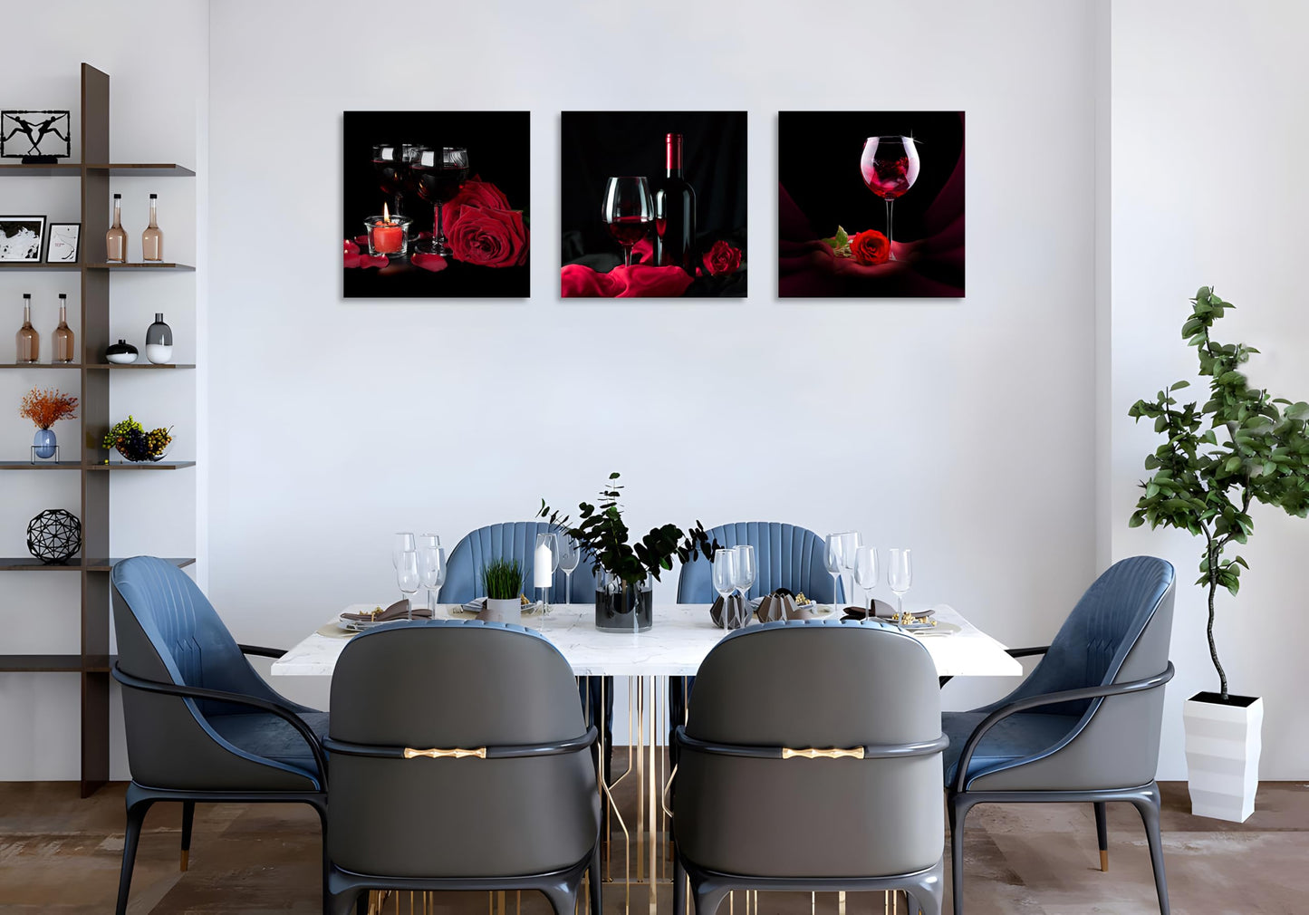 OWNANRTHM Rose Wine Picture Red Wine Rose and Candle Picture Painting Wall Art Red Wine Glass Canvas Wall Art for Living Room Bedroom Home Wall Decor Stretched and Framed 12" x 12" x 3 Pieces