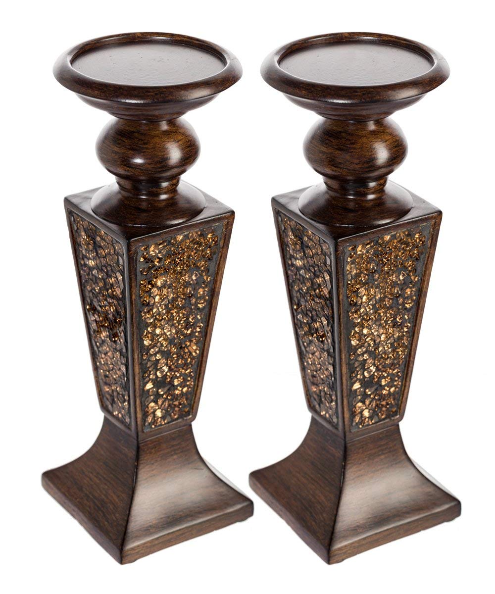 Creative Scents Schonwerk Brown Pillar Candle Holder Set of 2- Crackled Mosaic Design- Functional Table Decorations- Centerpieces for Dining/Living Room- Best Wedding Gift