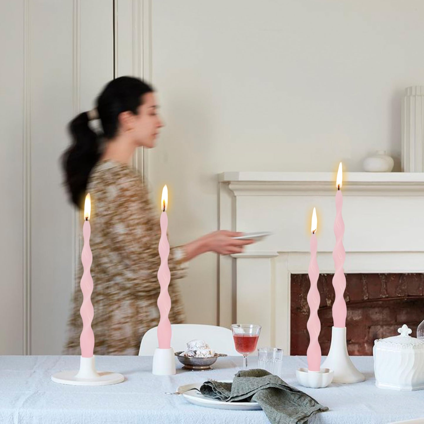 NJAO HOO Pink Spiral Taper Candles 10 Inch Twisted Candlesticks Unscented Ripple Tapered Candles Set for Dinner Table Decor Party Wedding, 4 Pcs
