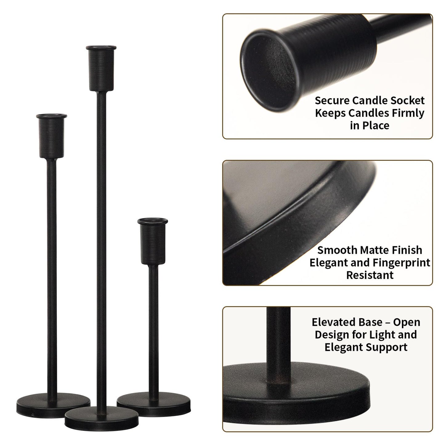 UPPER DECOR Matte Black Pillar Candle Holders - Set of 3 Heavy Decorative Iron Candlestick Stands for Table Centerpiece, Wedding, Dining, Party Candle Stick Holders