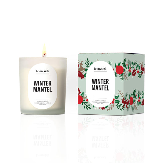 Homesick Winter Mantel Scented Candle – 13.75 oz Premium Non-Toxic Soy Wax in Fraser Fir Spruce Scent, 80 Hour Organic Cotton Wick Jar – Unique Wedding & Engagement Gifts for Couples in Reusable Jar
