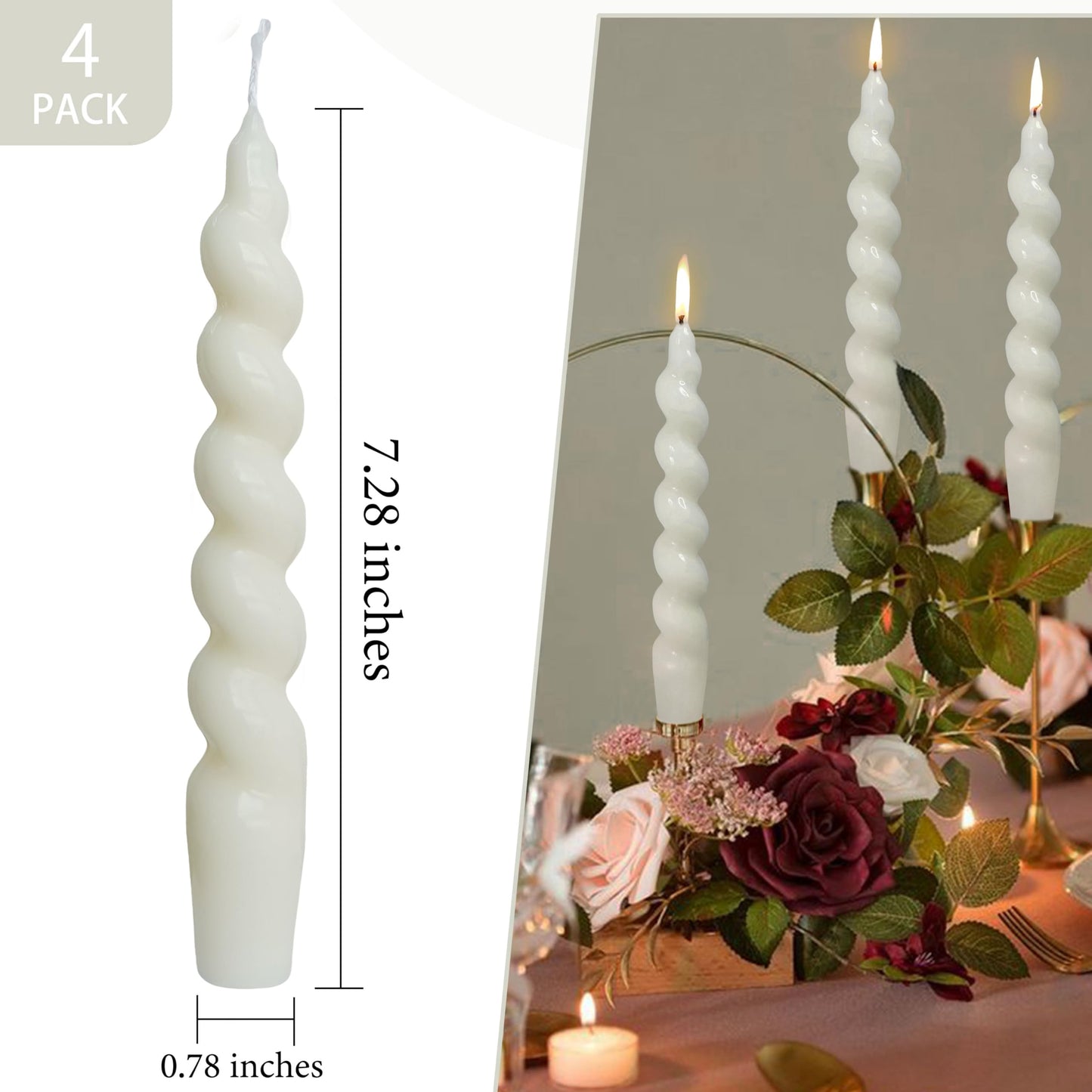 White Candle 7.5 Inch Spiral Twisted Taper Candle Hand Poured Unscented Smokeless Clean Burning White Spiral Candle for Mother's Day Wedding Dinner Morning Coffee Ritual Breakfast Table Everyday