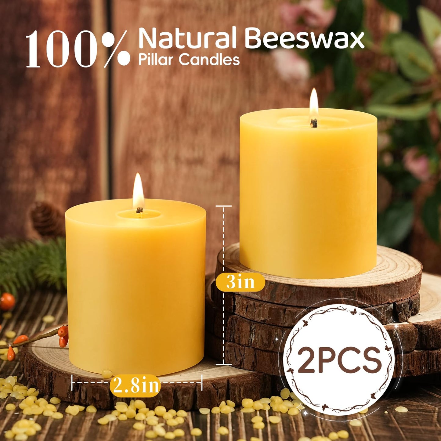 2 Pack Natural Beeswax Candles,88 Hours Long Burning-Bees Wax Candles for Home,100% Pure Beeswax Pillar Candle for Emergency,Paryer,Parties,Unscented Dripless Smokeless Pillar Candle Bulk 2.8x3in