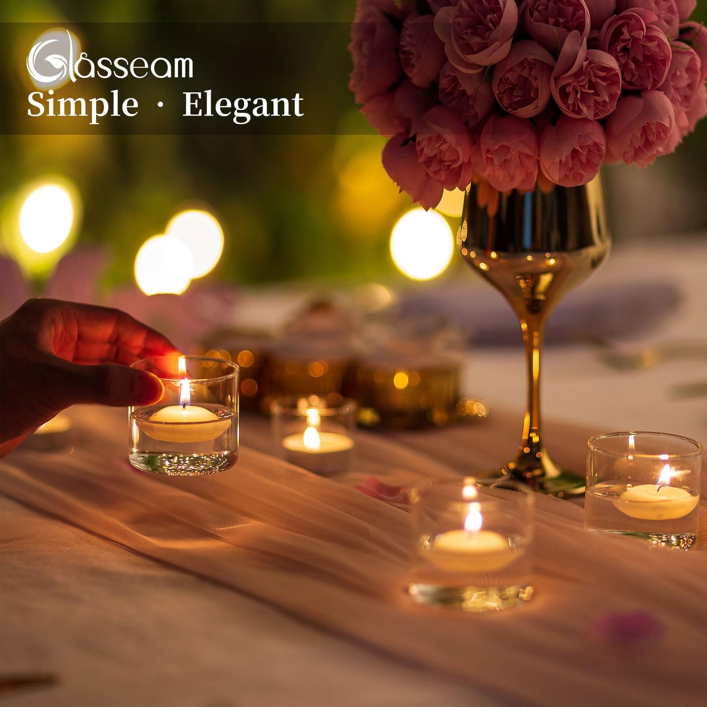 Glasseam Tea Light Candle Holders for Table Centerpiece, Small Clear Glass Votive Candle Holders Set of 24, Cute Mini Floating Tealight Holder for Wedding Centerpieces Birthday Party Decorations
