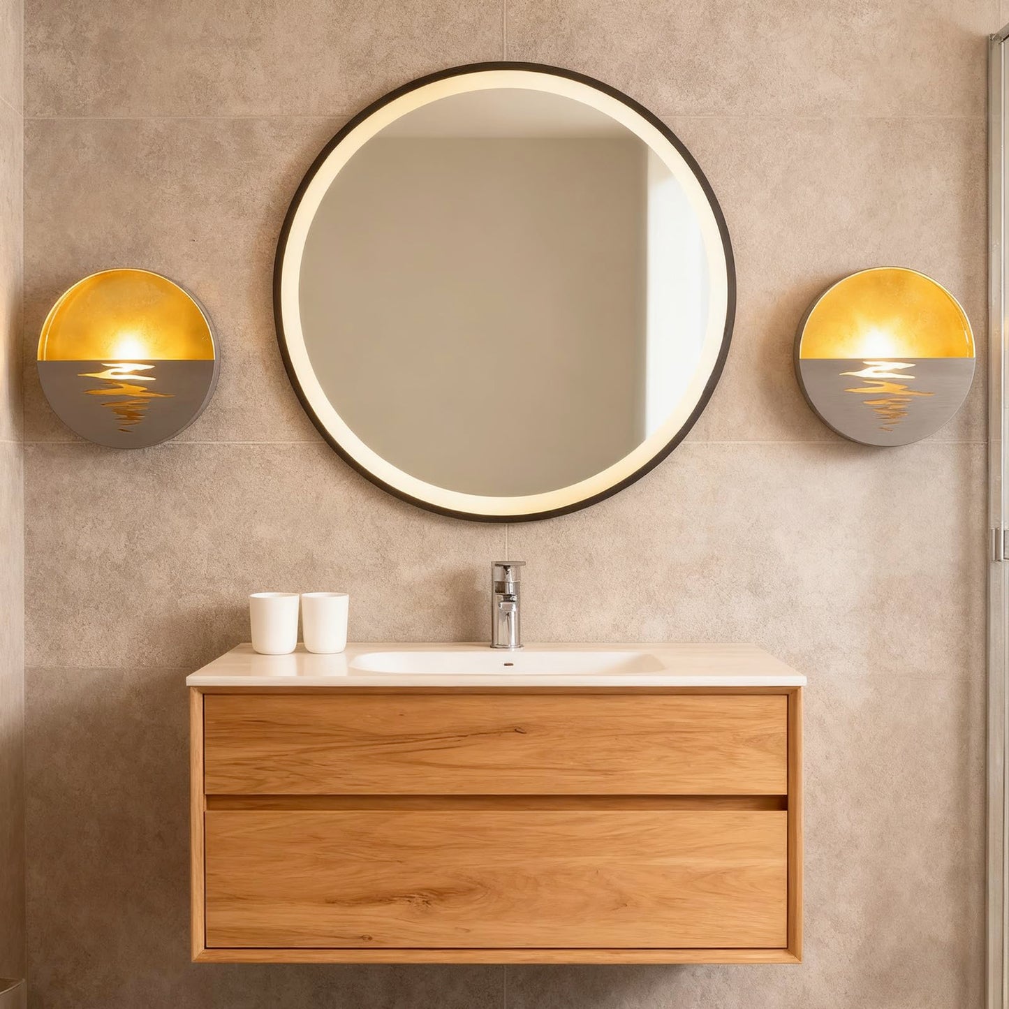 Walasis Gold Wall Sconces Set of Two: Flameless Candle Sconces Night Light for Indoor Livingroom Bedroom - Metal Sunrise Decor Wall Candle Holder with Tealight for Hallway