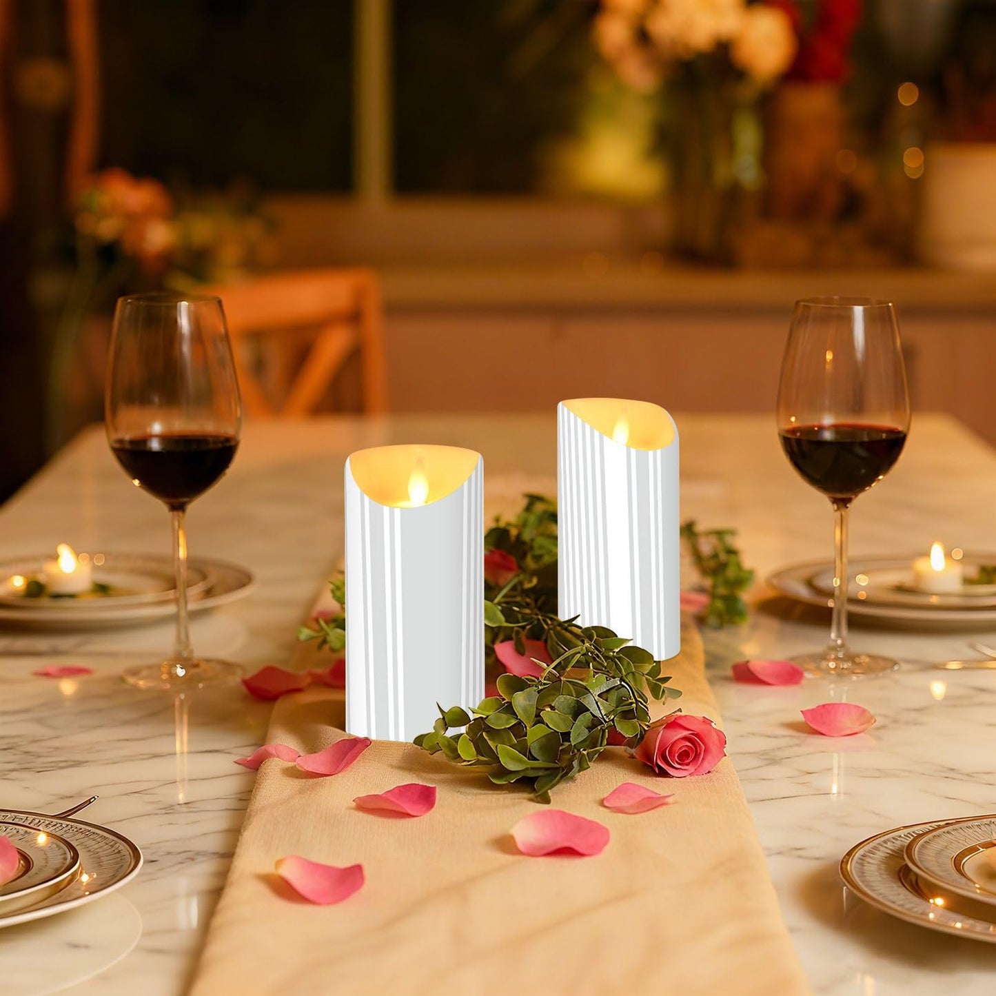 Gravopti Grey Stripe 2 Pack Flameless LED Pillar Candles with Remote & Timer, Battery Operated, Flickering Wax Candle for Wedding, Romantic Home & Party Decor