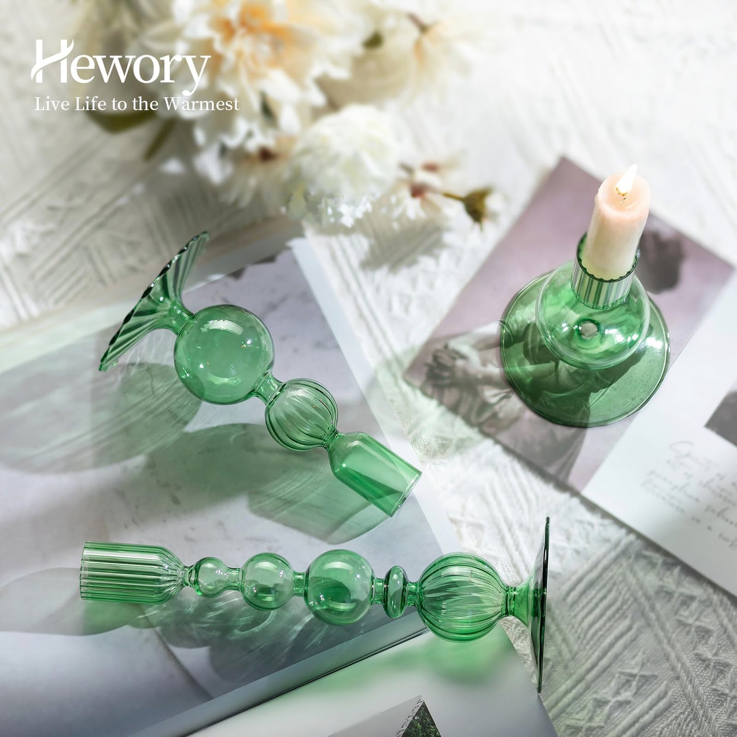 Hewory Glass Candlestick Holders Set: 3PCS Green Candle Holder Taper Candle Holders Bulk, Crystal Ribbed Candle Sticks Holder Decor for Table Centerpiece Wedding Christmas Thanksgiving Dinner