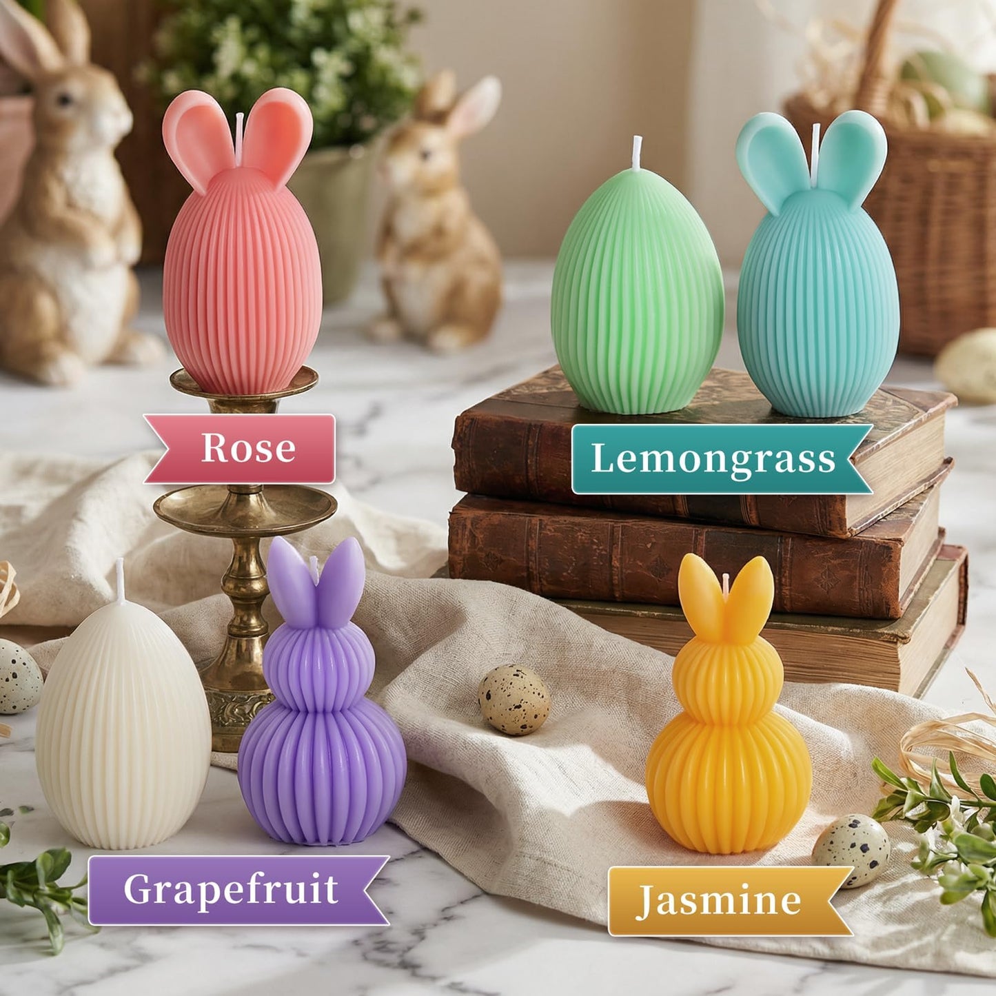 Lanpn 6 Pcs Easter Bunny & Egg Candles Gift Set, Mini Rabbit & Egg Shaped Votive Tea Lights, Easter Flower & Fruit Scented Candles, Spring Party Holiday Decor Home Table Centerpiece, Macaron Color