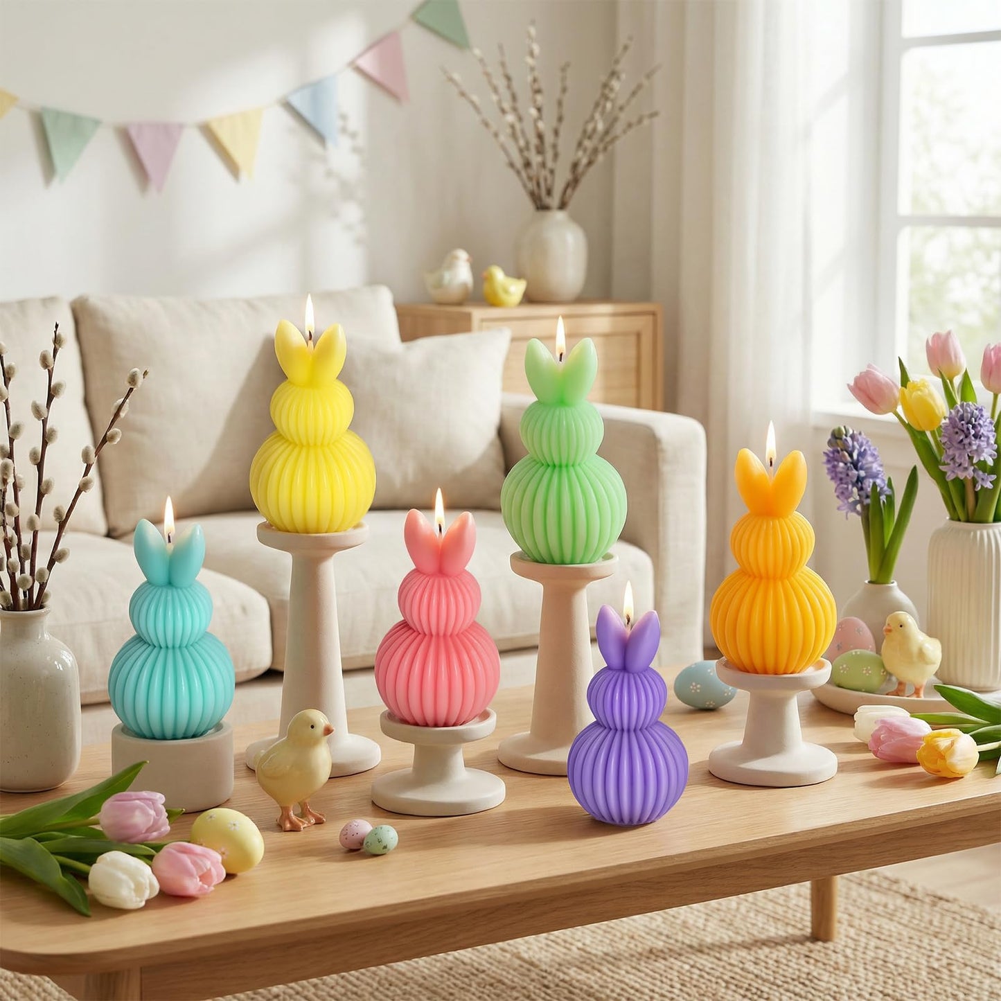 Lanpn 6 Pcs Easter Bunny Candles Gift Set, Mini Rabbit Shaped Votive Tea Lights, Easter Flower & Fruit Scented Candles, Each 2.1 oz, Spring Party Holiday Decor Home Table Centerpiece, Macaron Color