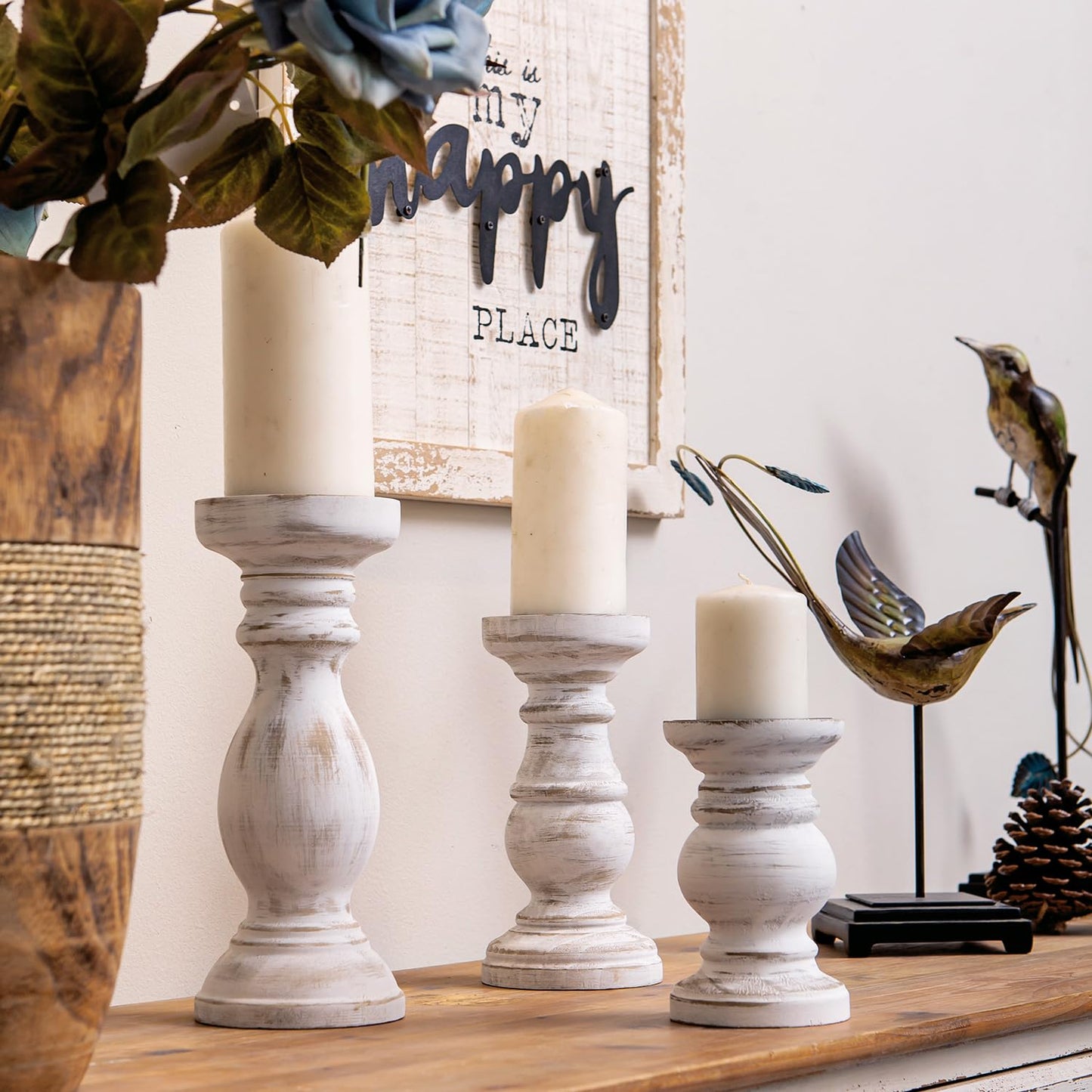 NIKKY HOME Rustic Pillar Candle Holder Set of 3 - Farmhouse Wood Candlestick Stand for Mantle, Fireplace, Dining Table Centerpieces, Distressed White
