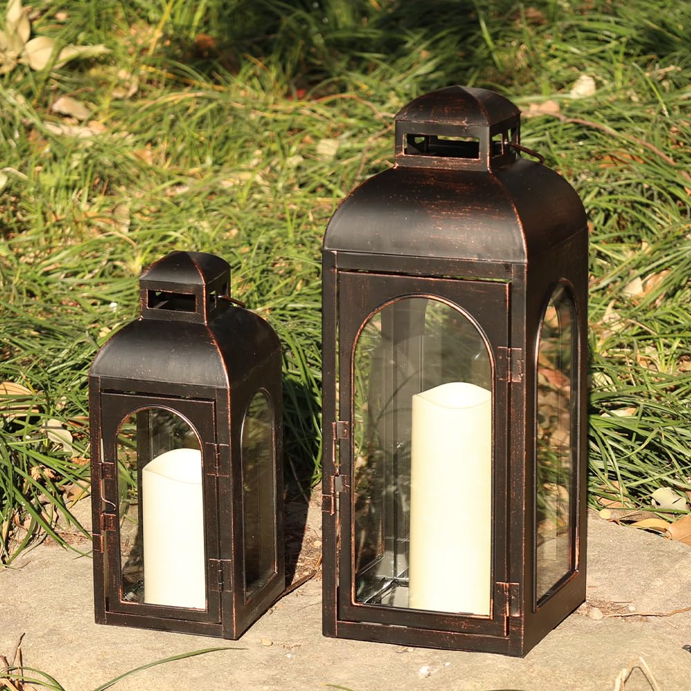 NEEDOMO Lanterns Decorative Indoor,Set of 2 Outdoor Lanterns for Porch, 20" Metal Frame Candle Holders Hanging Lights,with Glass, Spring, Fall, Christmas