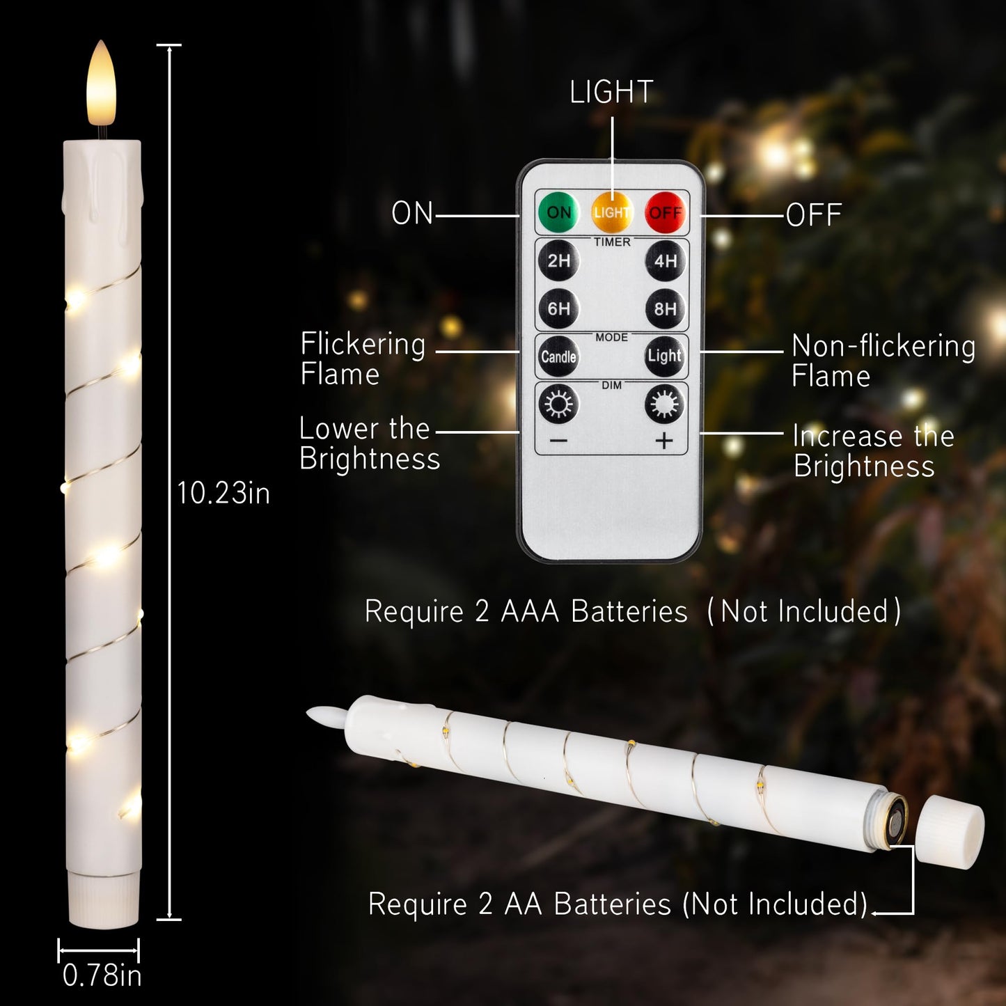 Flameless Taper Candles with Remote for Wedding Decorations，3D Flickering Flame Battery Operated LED Plastic Candles Arounded with Starlight String, Romantic Home Decoration, Pack of 6, White