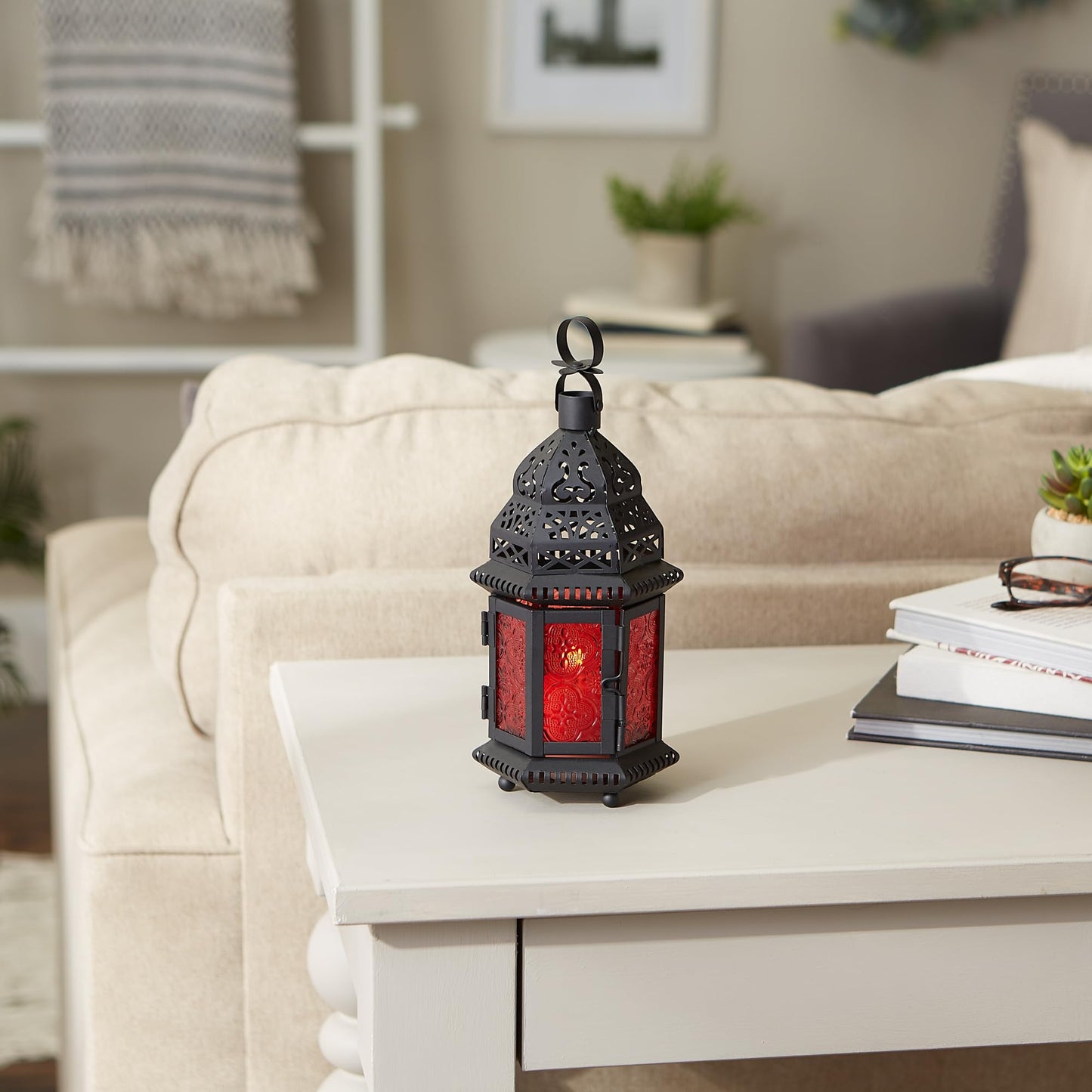 Zingz & Thingz Moroccan Style Candle Lantern Holder, Decorative Light Home Decor, Indoor & Outdoor, 10.25" Tall, Black with Red Glass