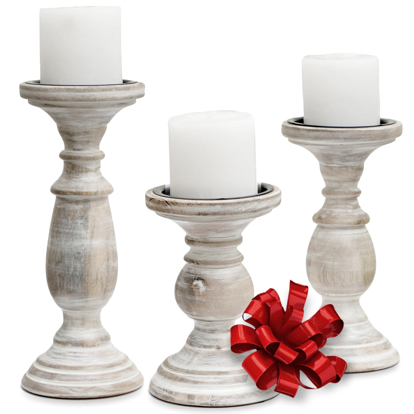 Candle Holders for Pillar Candles, Wooden Candleholders Table Centerpiece, Pillar Candle Holders Set of 3, Wood Rustic Farmhouse Fireplace White