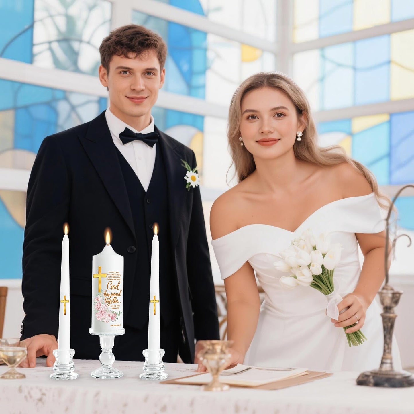 Musgsfbbs Wedding Candles for Ceremony with Glass Holders, Unity Wedding Candle Set with Matthew 19:6 & Gold Cross, Floral Pillar Candles for Catholic Wedding, Anniversary & Vow Renewal