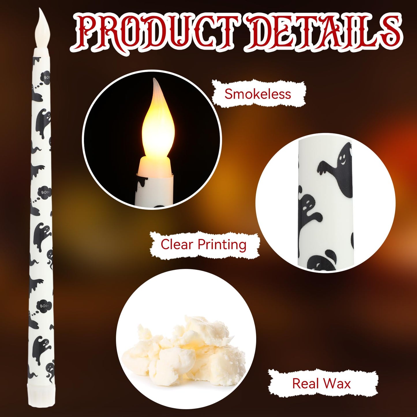 Kittmip 6 Pcs Halloween Flameless Taper Candles 11 Inch Long Spider Web Bats Ghosts Battery Operated LED Candles Table Centerpiece for Spooky Party Table Decor
