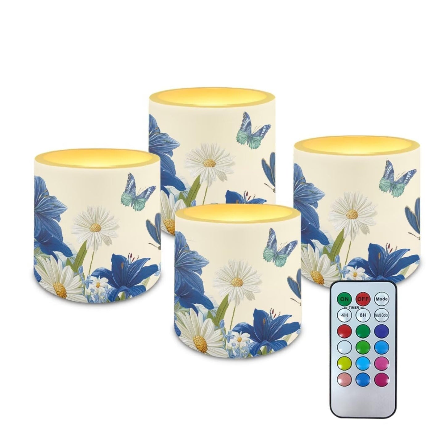 Cozeyat Blue Floral LED Flameless Candles Set of 4 Battery Powered with Remote Timer Flickering Flame Waterproof for Indoor Outdoor Home Decor