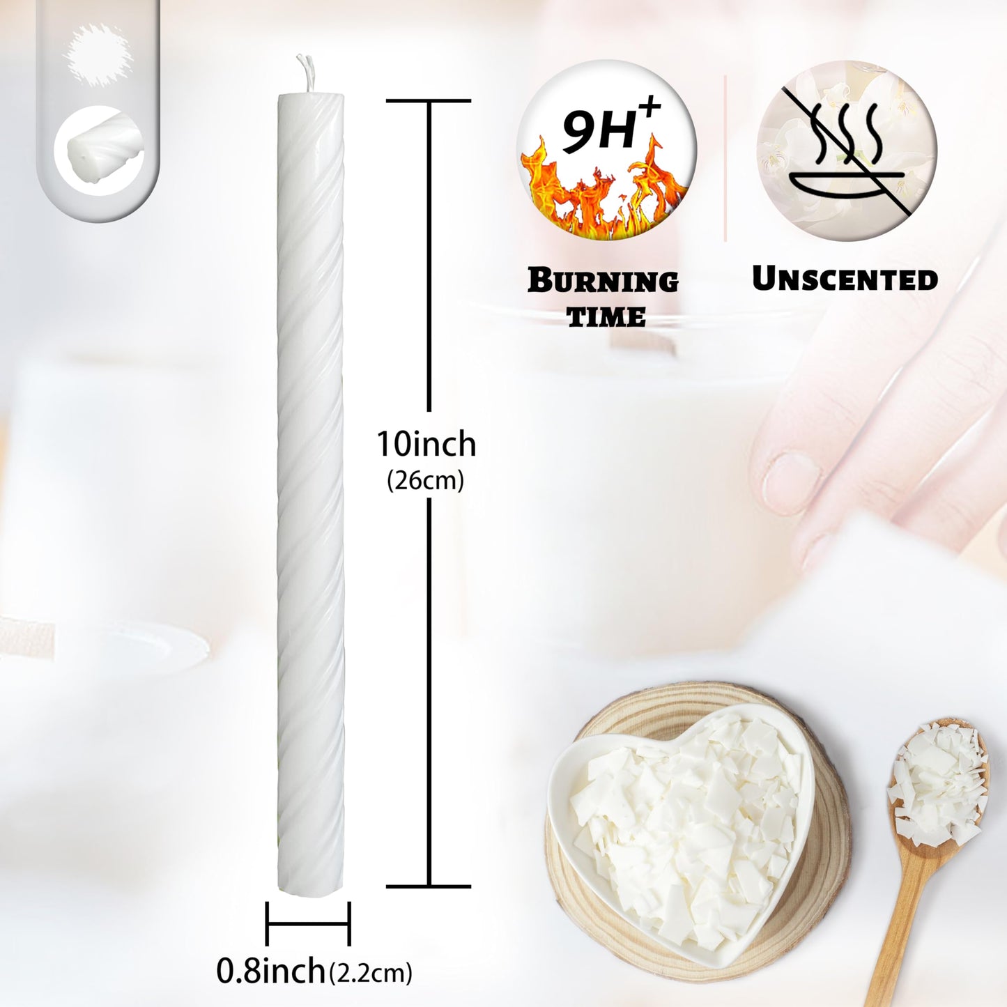 Dripless Taper Candles Unscented White Spiral Candles Smokeless 10 Inch Long Lasting Burn Candlesticks for Home Decoration Christmas Gifts(2Pcs)