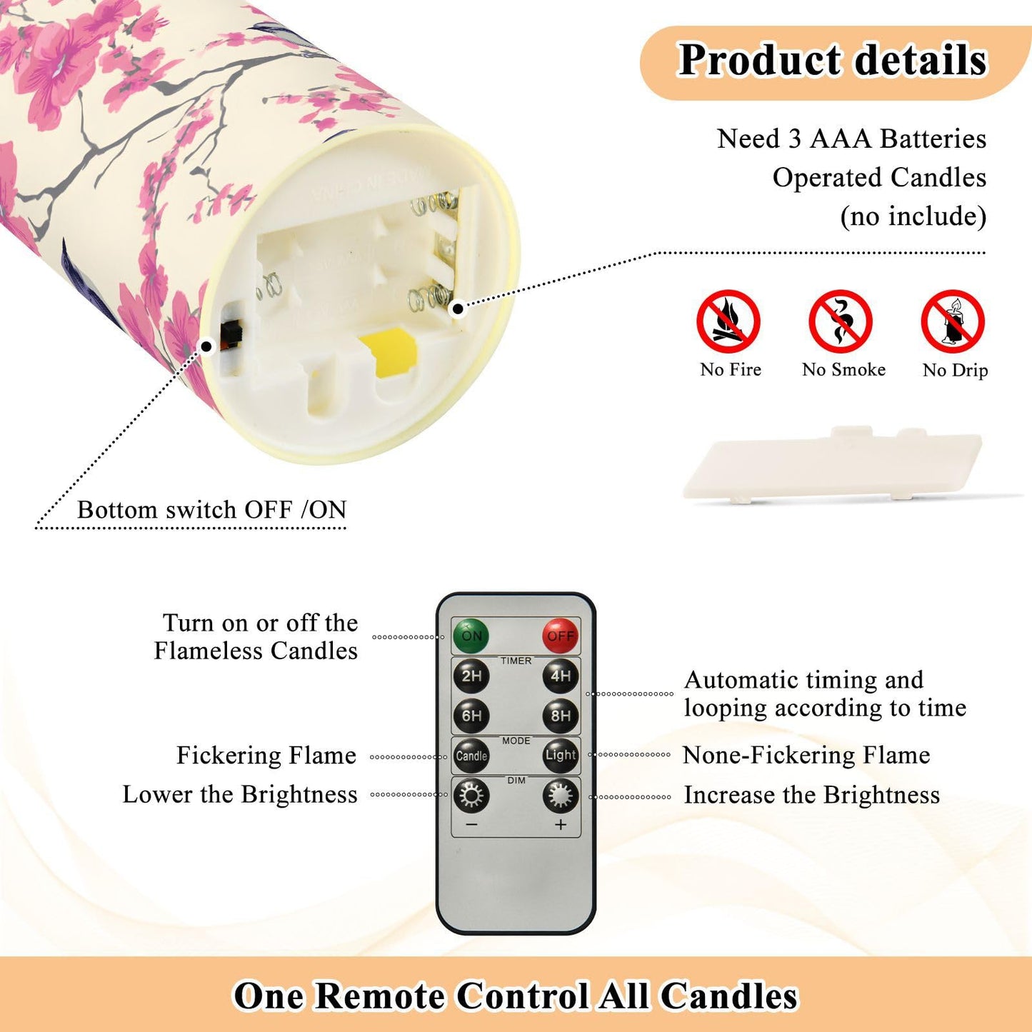 ALAZA Bird Pink Flower Flameless Candles with Remote Timer,LED Flickering Battery Operated Electric Pillar Tea Light Candles for Wedding Table Christmas Decorations 3" x3.9"
