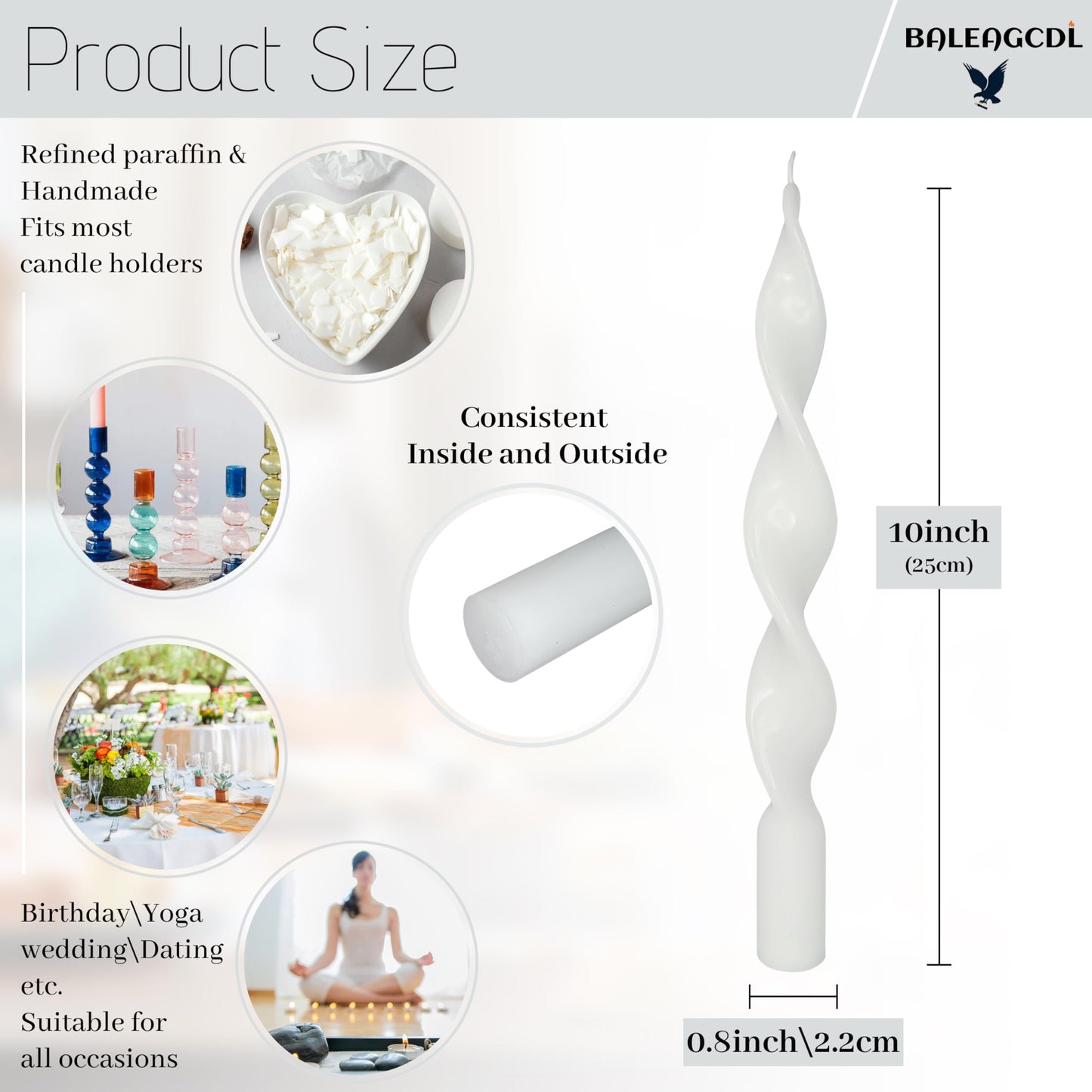 Smokeless White Spiral Taper Candle Unscented Taper Candlesticks Handmade 10 Inch Long Twisted Candles for Candlelight Dinner Wedding Home Decor