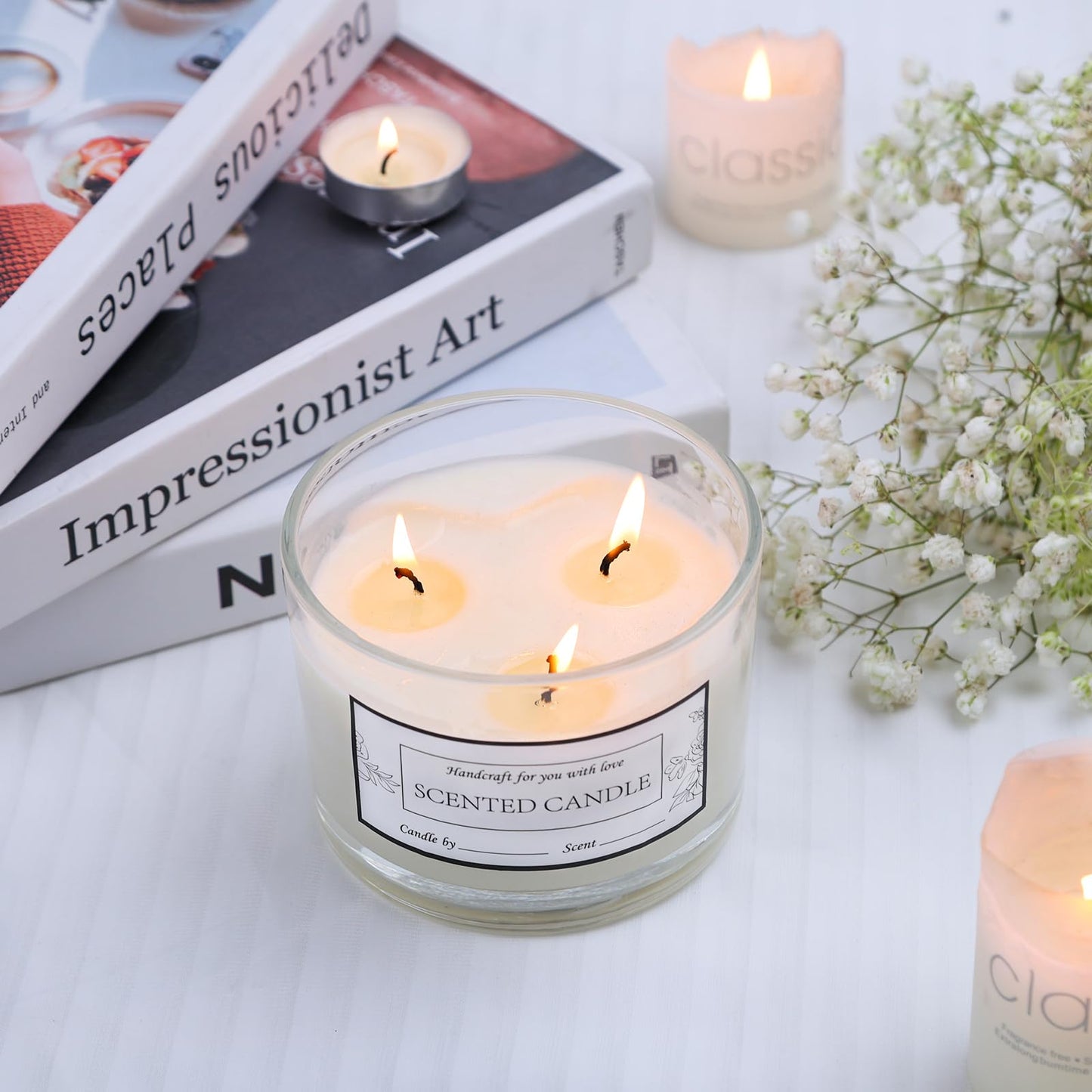CONNOO 6-Pack 16 oz Candle Jars - 3-Wick Clear Empty Glass Wide Mouth Candle Jars Come with Bamboo Lids, Sticky Warning Labels, and a Candle Wick Kit for Candle Making - Dishwasher Safe