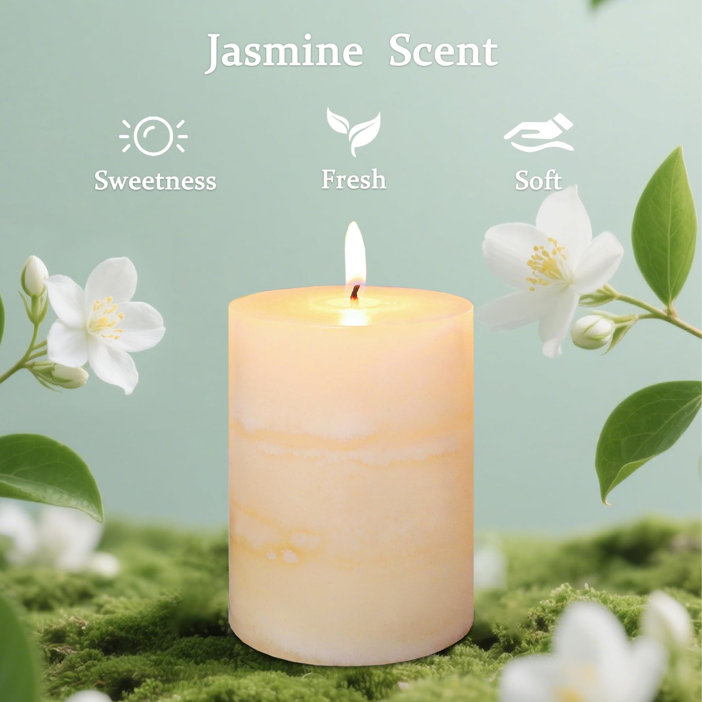 FLAVCHARM 3x4 Inches Jasmine Scented Pillar Candles Ivory White Hand-Poured Candle Long Burning Aromatherapy Candle for Home Scented Wedding Bar Centerpiece Table Decoration, 3 Pack