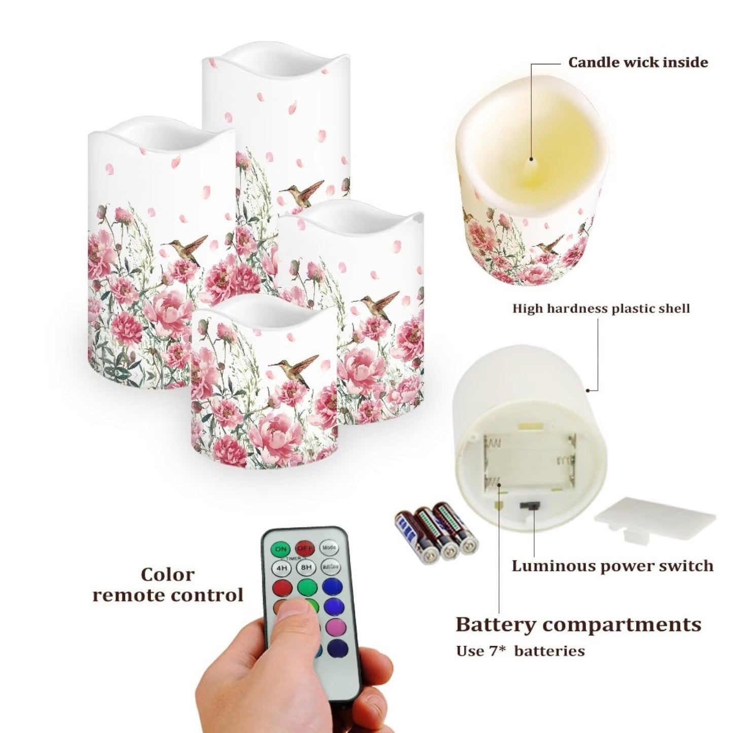 Cozeyat Pink Flower LED Candles Set of 4 Battery Powered Flameless with Remote Timer Flickering Waterproof for Indoor Outdoor Garden Table Beach Decor