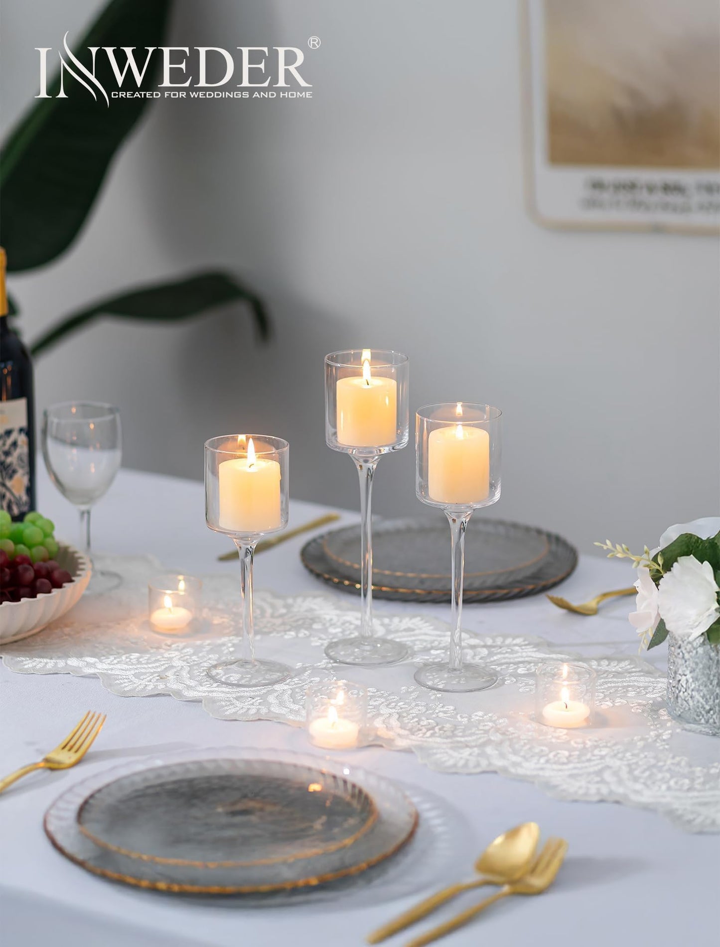 Inweder Tall Glass Candle Holder: Long Stem Floating Candle Holders for Tealight Votive and Pillar Large Clear Centerpieces for Wedding Table Party Home Set of 3