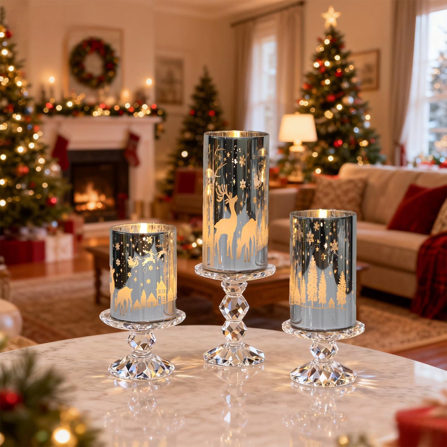 DRomance Christmas Flameless Candles Battery Operated with 10-Key Remote and Timer 3D Wick Flickering Electroplating Glass Reindeer LED Candles Indoor Holiday Decorations(Silver, 3" D x 4", 5", 6" H)