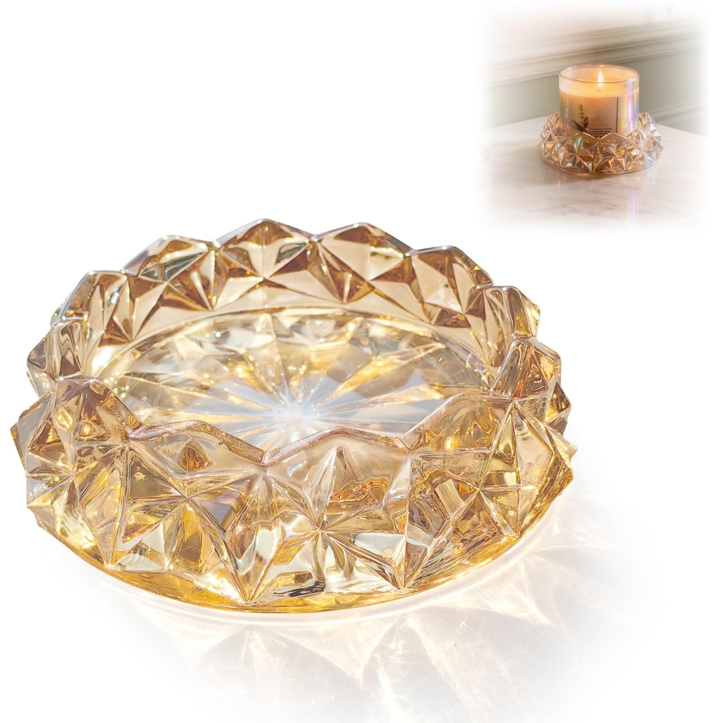 Loyipu Geometric Glass Candle Holder for 3-Wick Candles – 6in Large Crystal Candle Tray for Large Jar Candles, Scented Candles & Diffusers(Honey Amber)