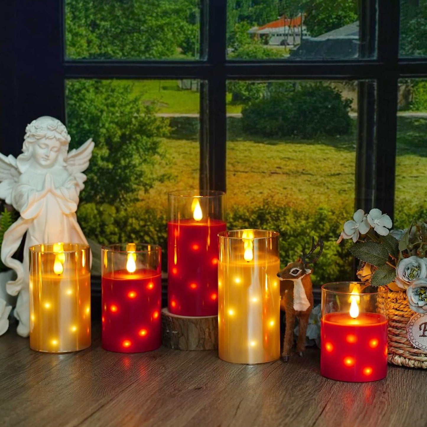 Nimiko Real Wax Flameless Candles Glass,Battery Operated LED Candles with Flickering Flame,Glass Shell,Interior Star Light Decoration Set of 3 Red (D3×H 4" 5" 6") for Home Decor,Holiday Decoration