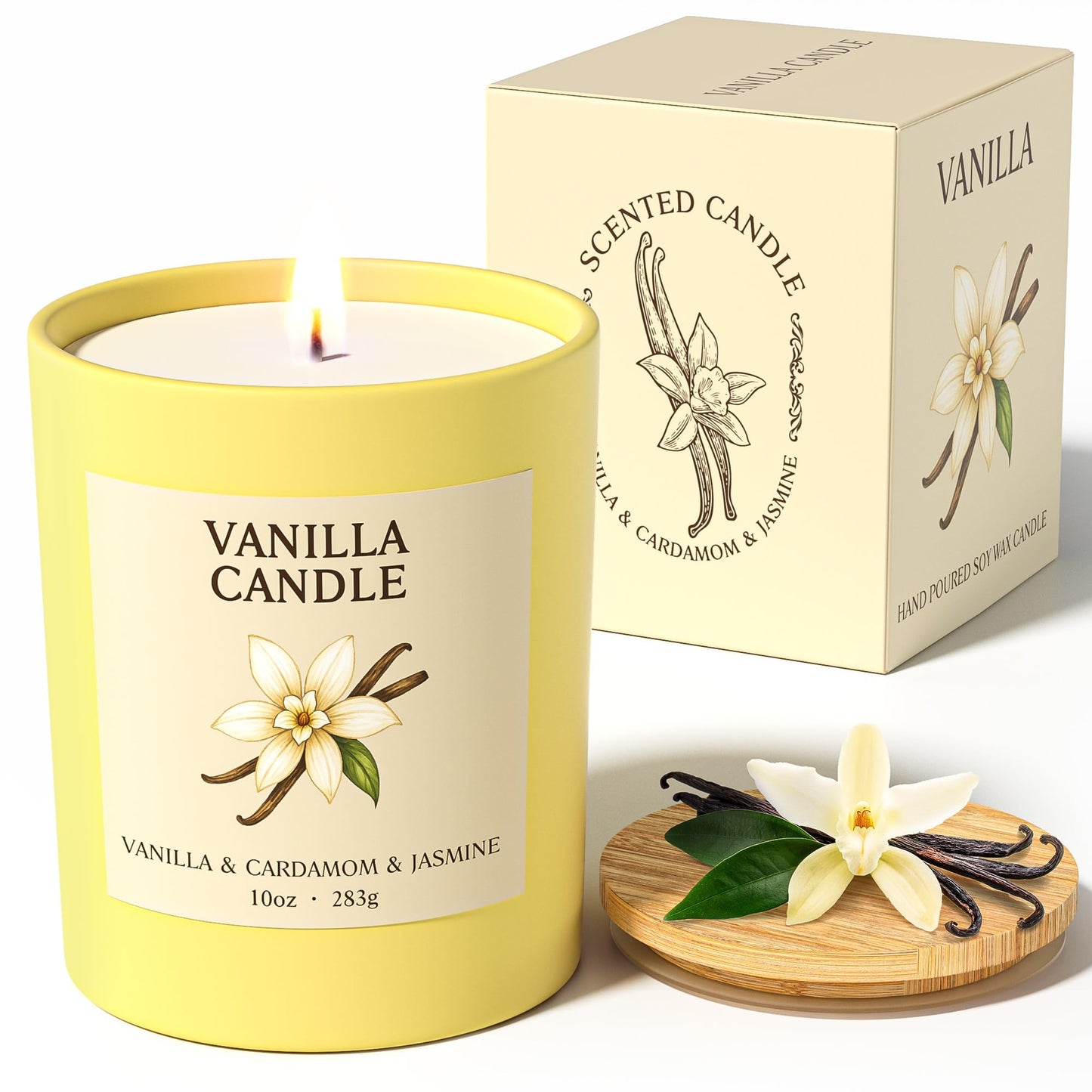 NORVENCE Vanilla Candle, Vanilla Scented Candles for Women, 10oz Soy Candles with Bamboo Lid for Home Scented, Birthday Gifts for Women and Men, Hand-Poured Candle for Relaxation, Home Decor
