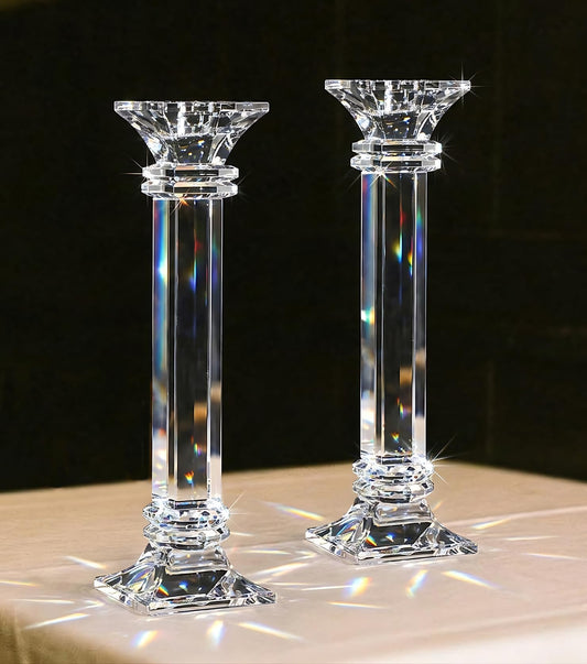 Crystal Candle Holders Set of 2, 10 Inch Tall Candle Sticks Holder Decor for Wedding Dining Table, Clear Glass Candlestick Holder Centerpiece, Heavy Duty K9 Crystal Candelabros para Centros de Mesa