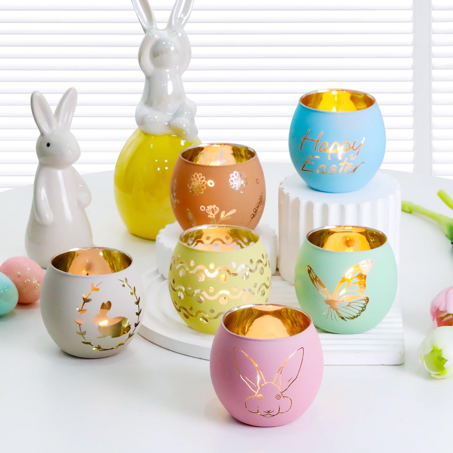 SHMILMH Easter Table Decorations 6PCS Glass Votive Tealight Candle Holders, Indoor Centerpiece Decorations, Women Adult Easter Gifts