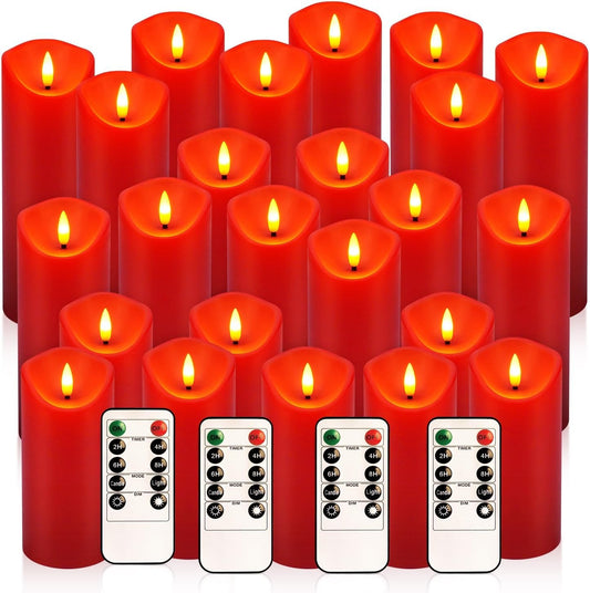YOROXRG 24 Pack Christmas Decoration Flickering Flameless Candles,LED Candles Battery Operated Pillar Candles with Remote Control.for New Year, Home Decor, Parties,Wedding(D2.2 xH 5" 6" 7" Red)